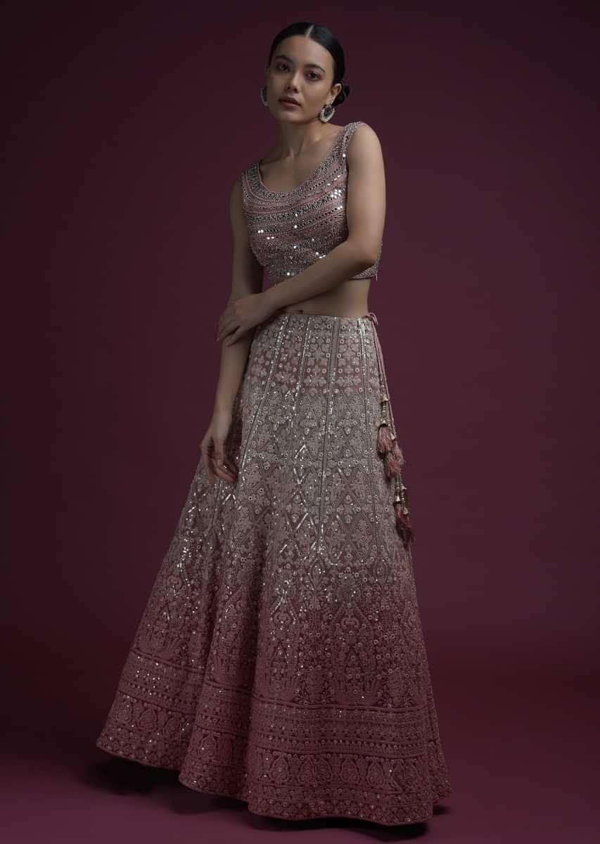 Pink Ombre Lehenga In Georgette With Lucknowi Embroidered Floral Kalis And Mirror Embellished Crop Top Online - Kalki Fashion