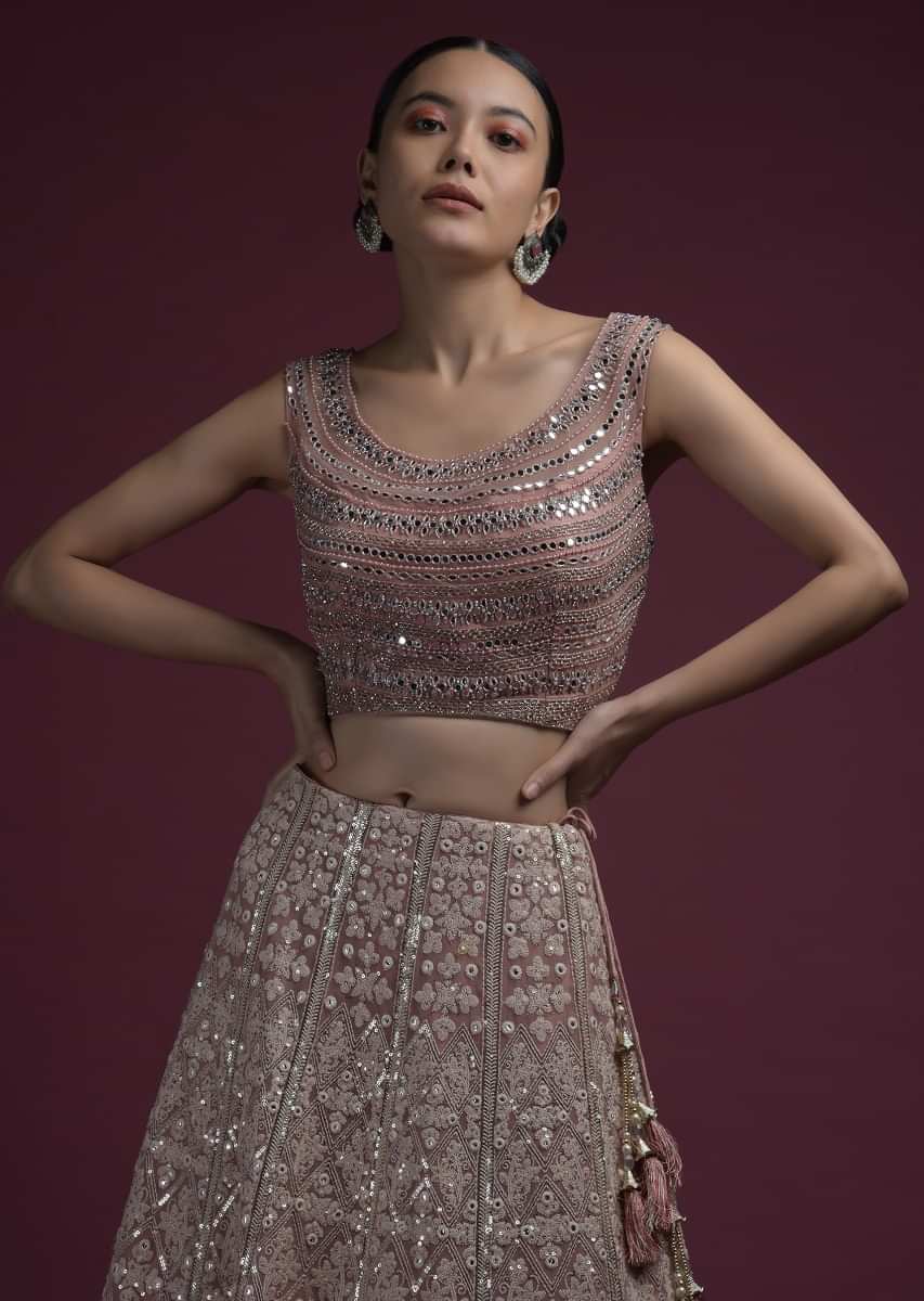 Pink Ombre Lehenga In Georgette With Lucknowi Embroidered Floral Kalis And Mirror Embellished Crop Top Online - Kalki Fashion