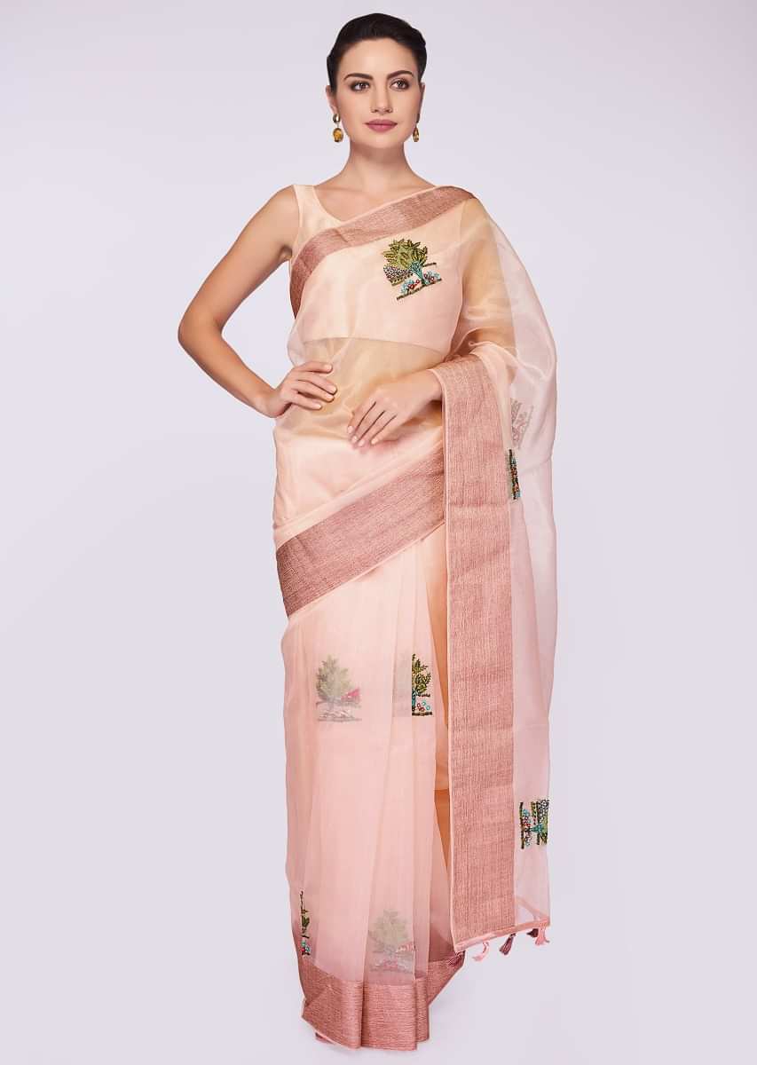 Pink organza saree in thread and french knot embroidered butti