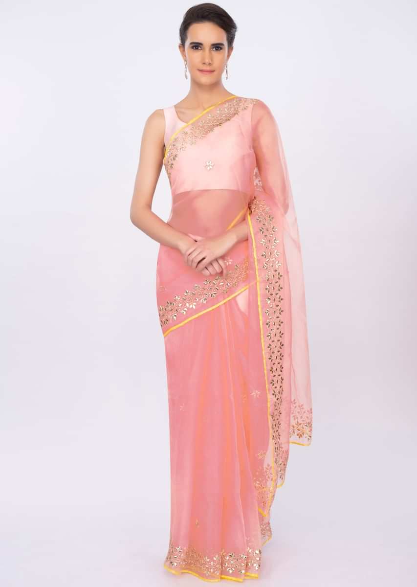 Pink organza saree with embroidery and butti only on kalki