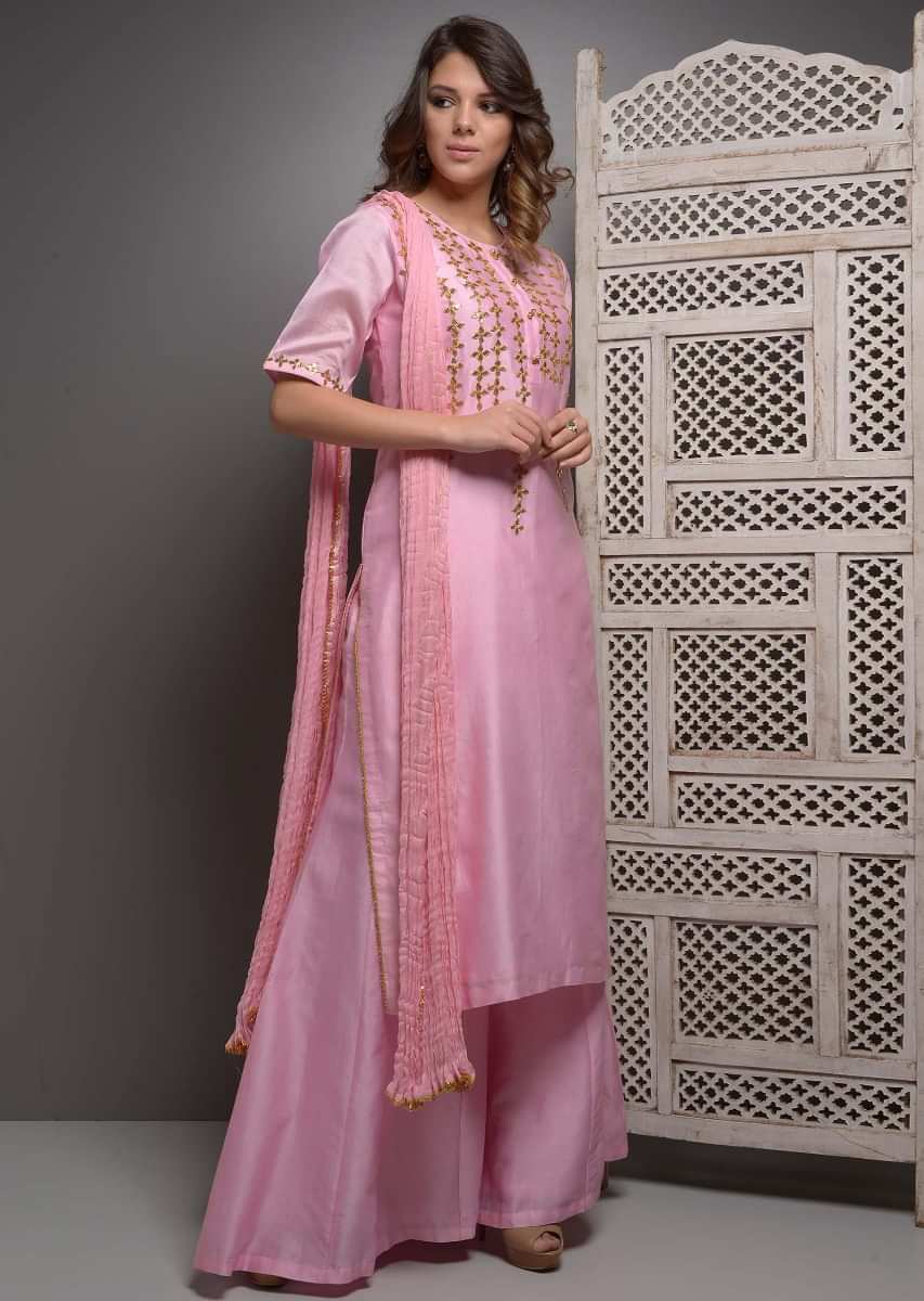 Pink palazzo suit set in kachhi gott a patti embroidery 