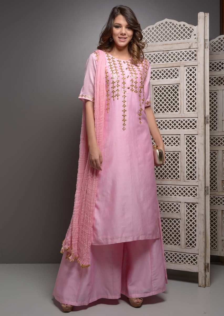 Pink palazzo suit set in kachhi gott a patti embroidery 