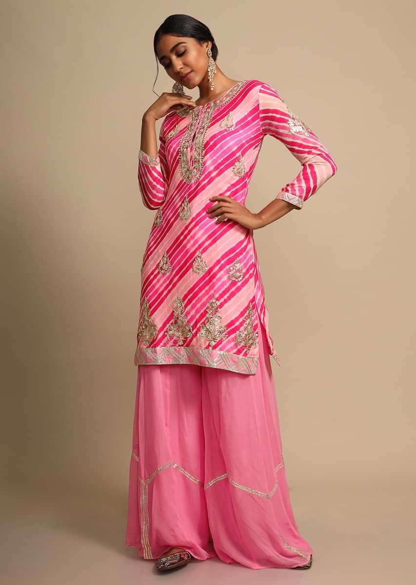 Pink Palazzo Suit With Multi Color Lehariya Printed Kurti Adorned With Gotta Patti  