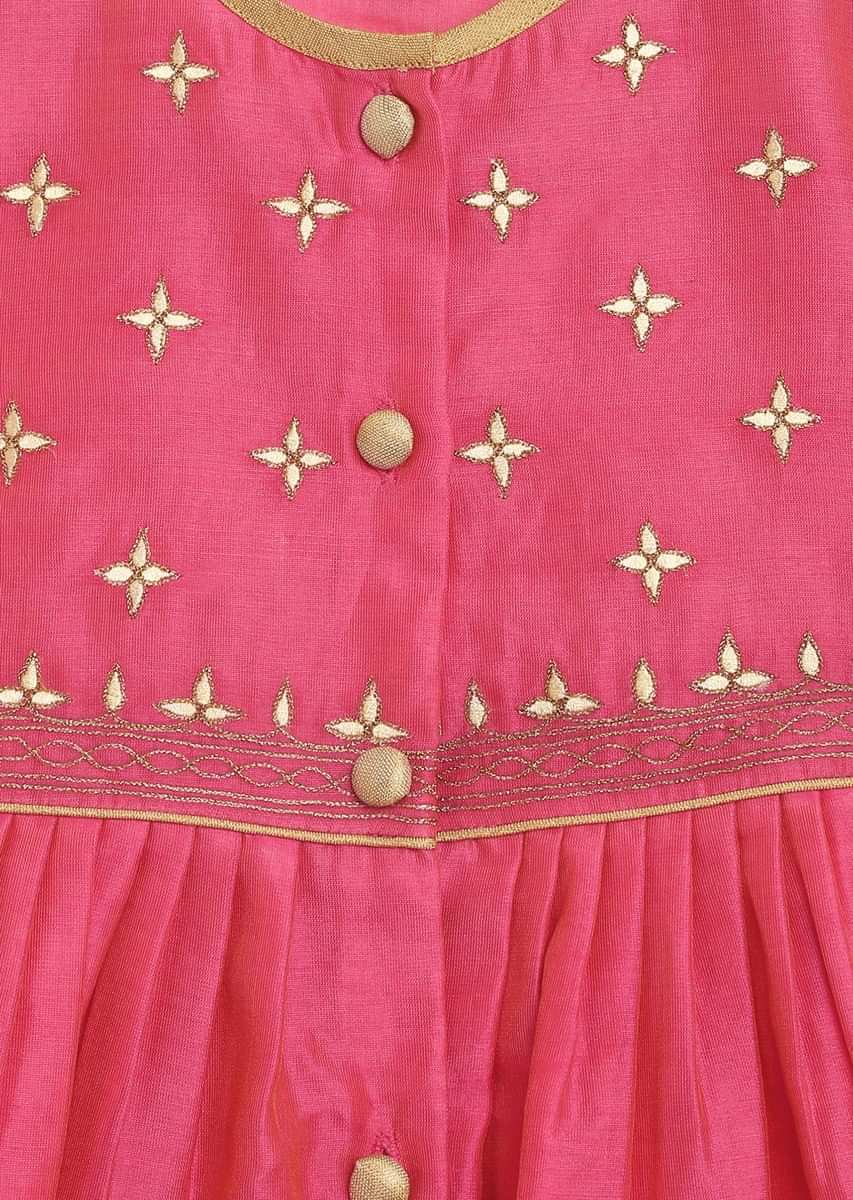 Kalki Girls Pink Peplum Kurti And Dhoti Set In Hand-woven Chanderi Silk With Butti Embroidery By Tiber Taber