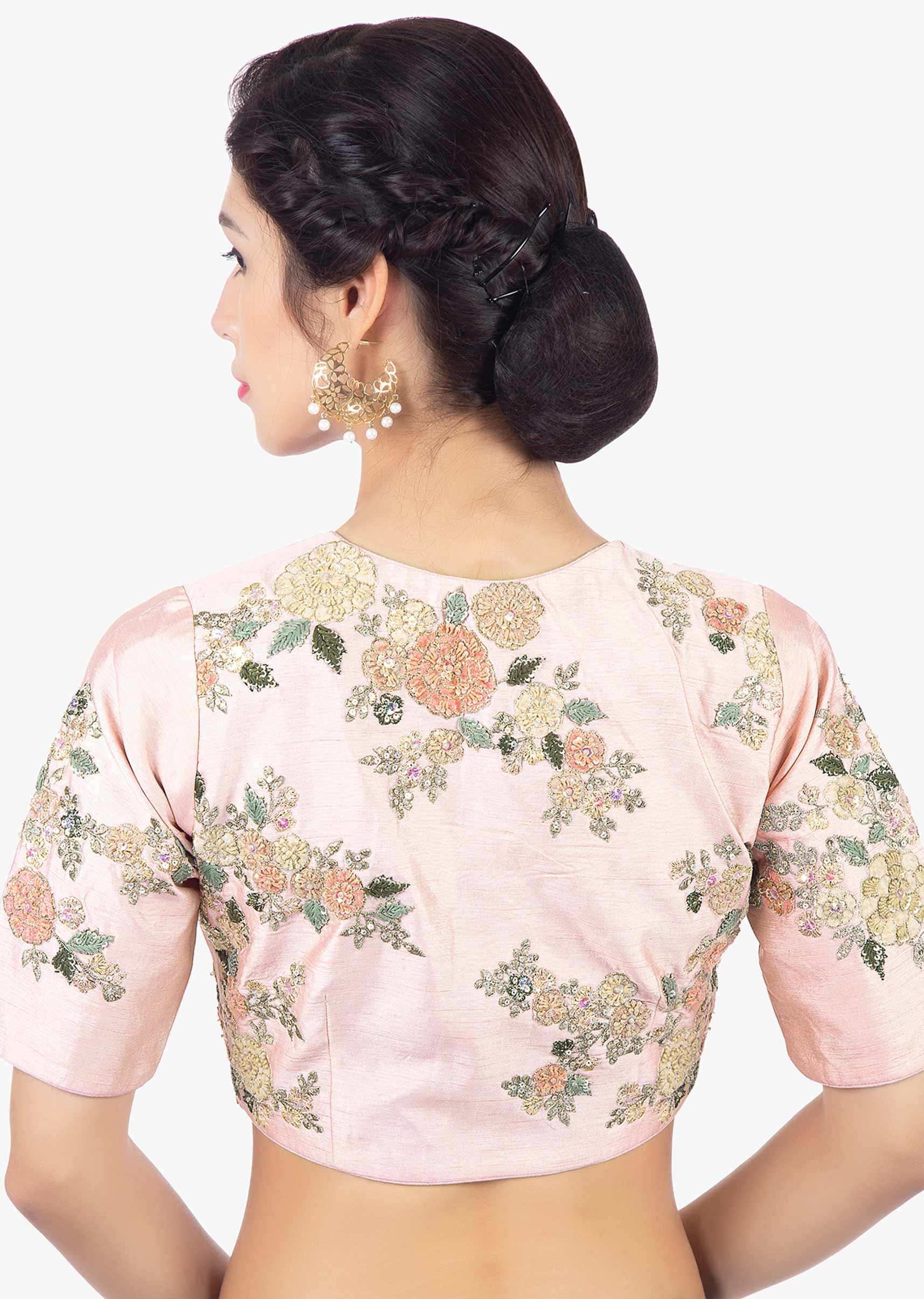Pink raw silk blouse in velvet and zari floral embroidery 