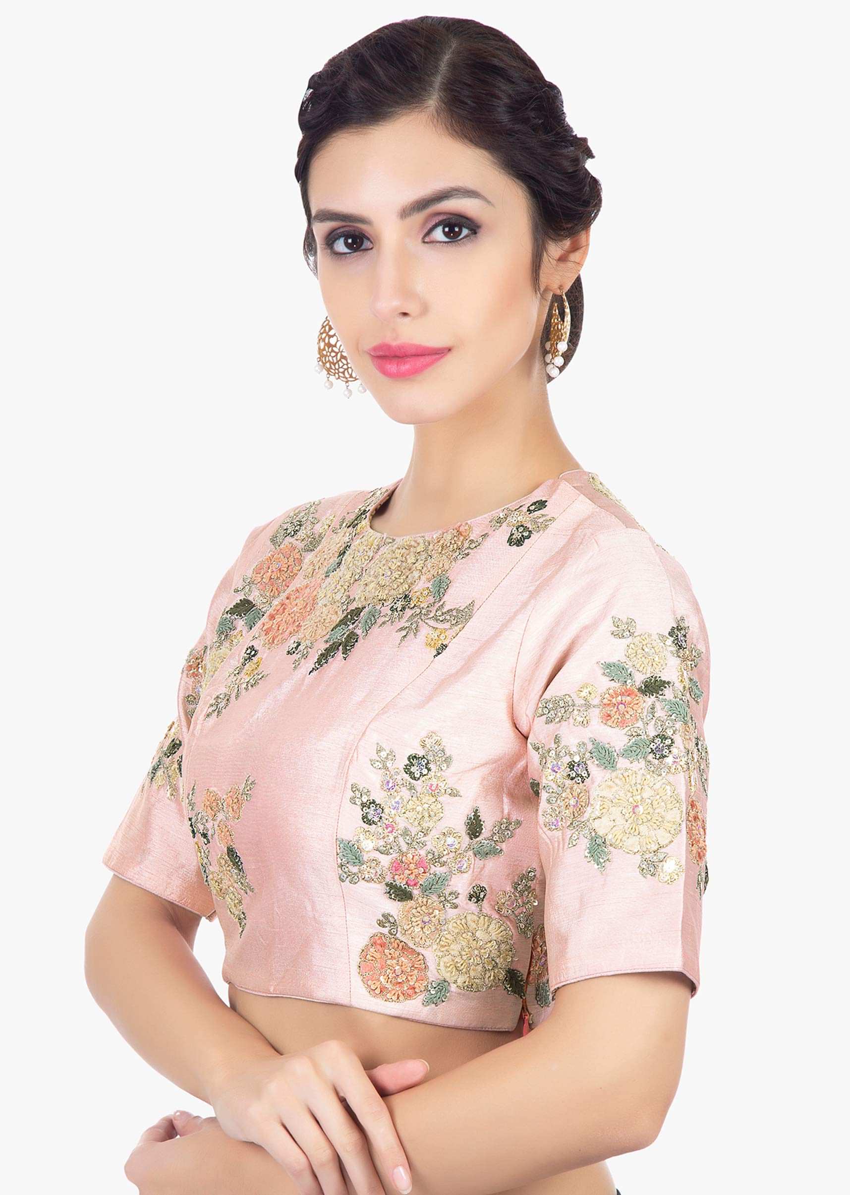 Pink raw silk blouse in velvet and zari floral embroidery 