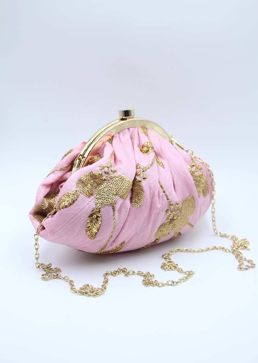 Pink raw silk embroidered curvaceous clutch