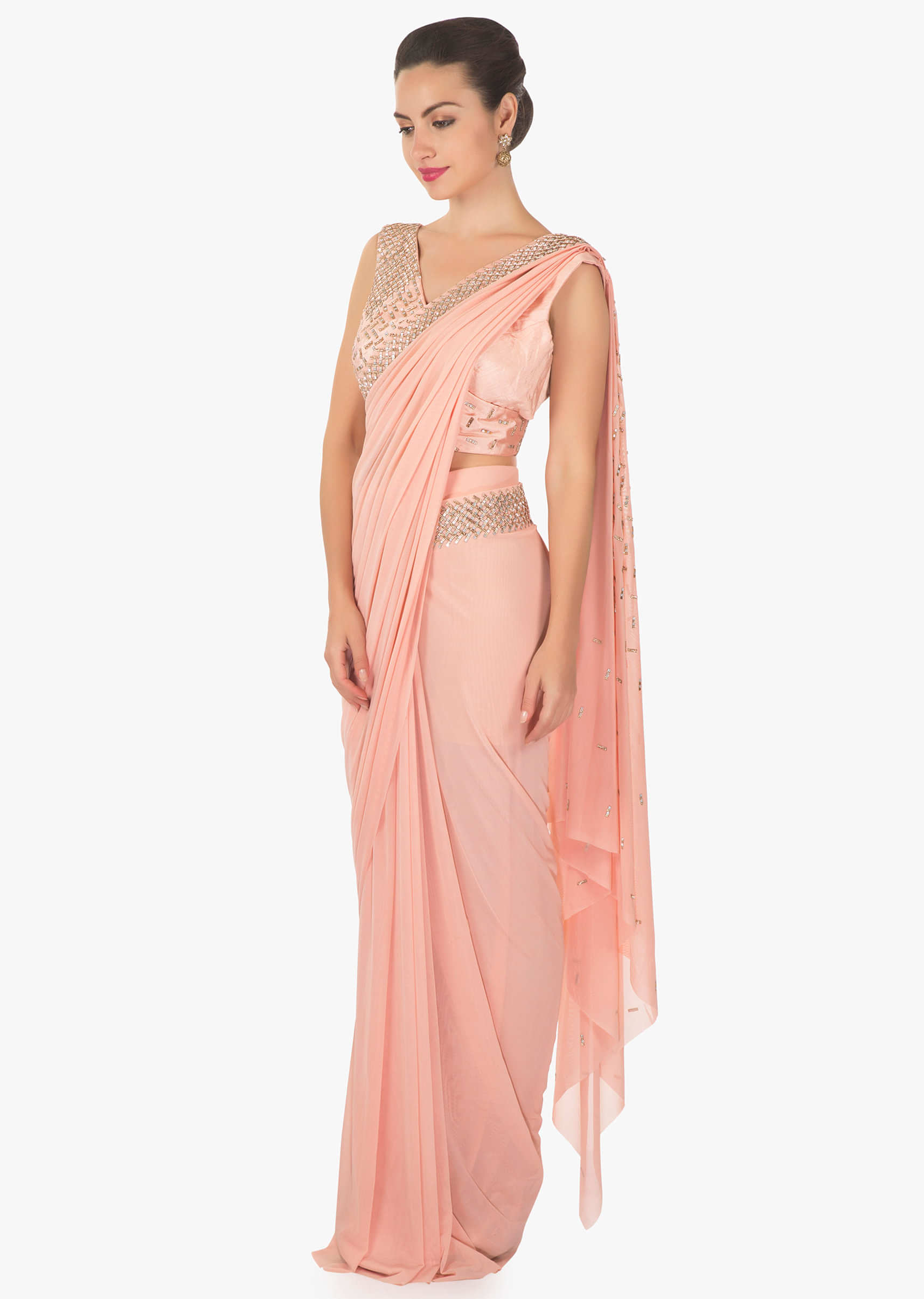 Pink ready pleated saree in lycra net embellished in kundan work 
