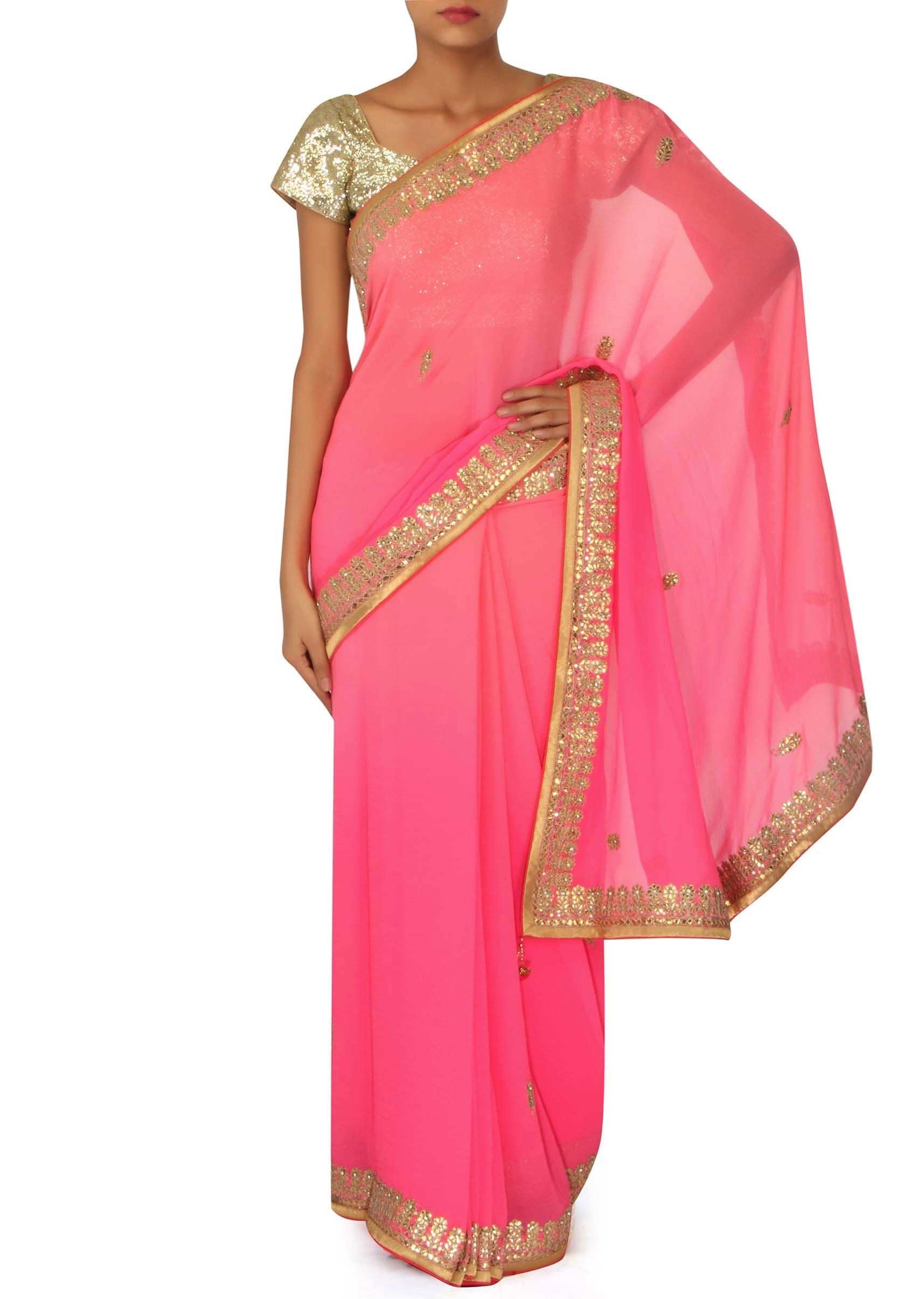 Champagne pink saree adorn in gotta patch embroidered border only on Kalki
