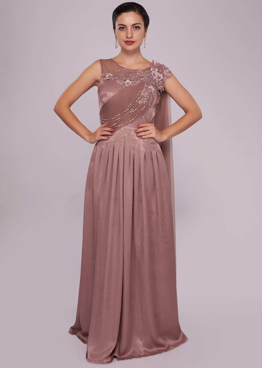 Pink satin gown enhanced in drape and embroidered yoke only on Kalki