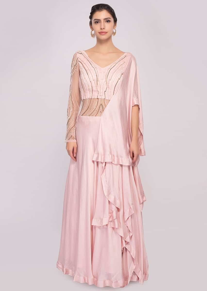 Pink Gown Satin And Net With Layers And Pre Attached Drape Online - Kalki Fashion