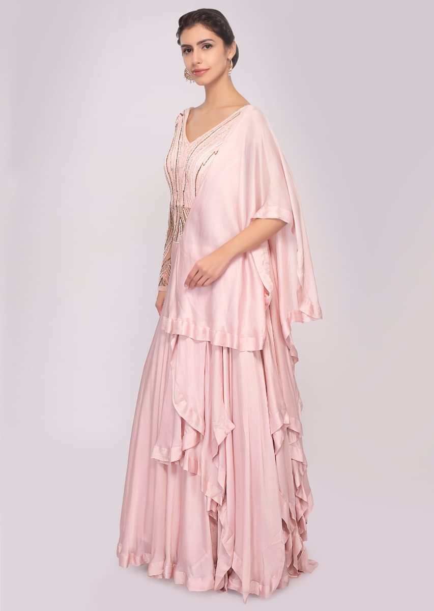 Pink Gown Satin And Net With Layers And Pre Attached Drape Online - Kalki Fashion