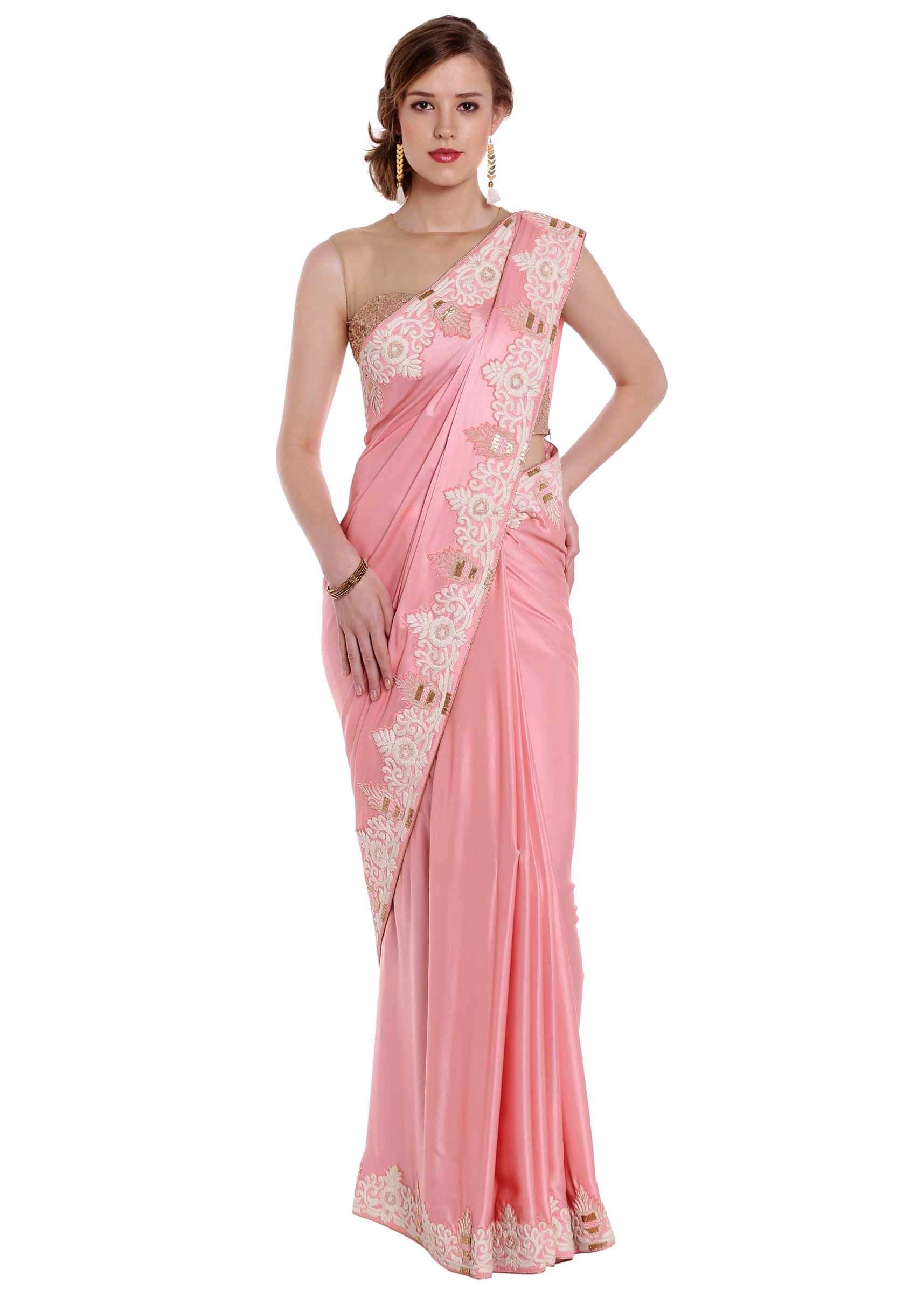 Pink Saree In Satin In Zardosi And French Knot Embroidery Online - Kalki Fashion