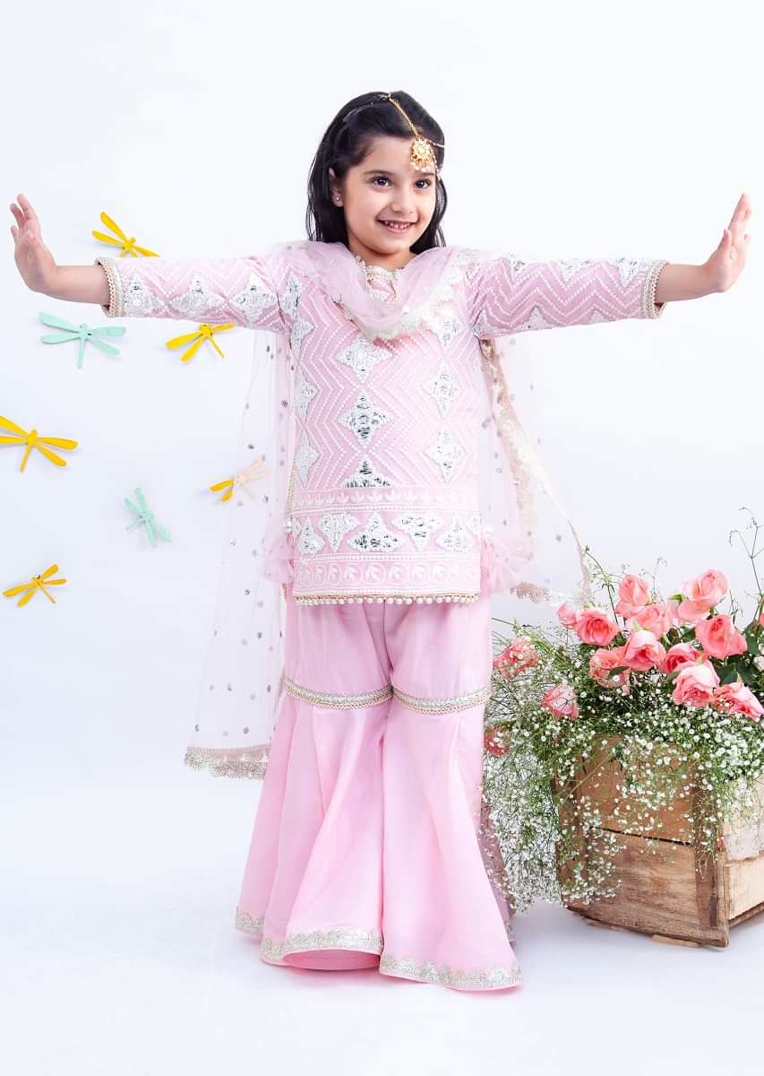 Kalki Girls Pink Sharara Suit In Georgette With Gotta Embroidery And Lace Edges By Fayon Kids