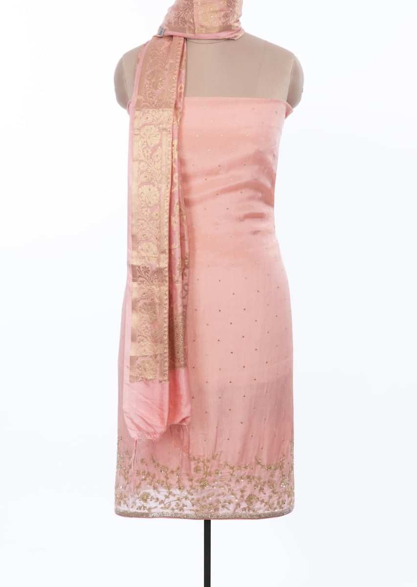 Light pink shimmer chiffon unstitched embroidered suit set with matching brocade dupatta only on Kalki