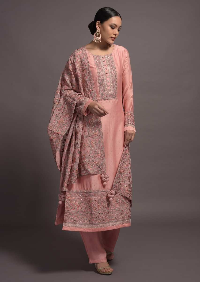 Pink Silk Straight Suit Set With Cord And Zari Work 
