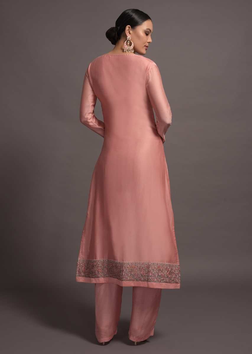 Pink Silk Straight Suit Set With Cord And Zari Work 