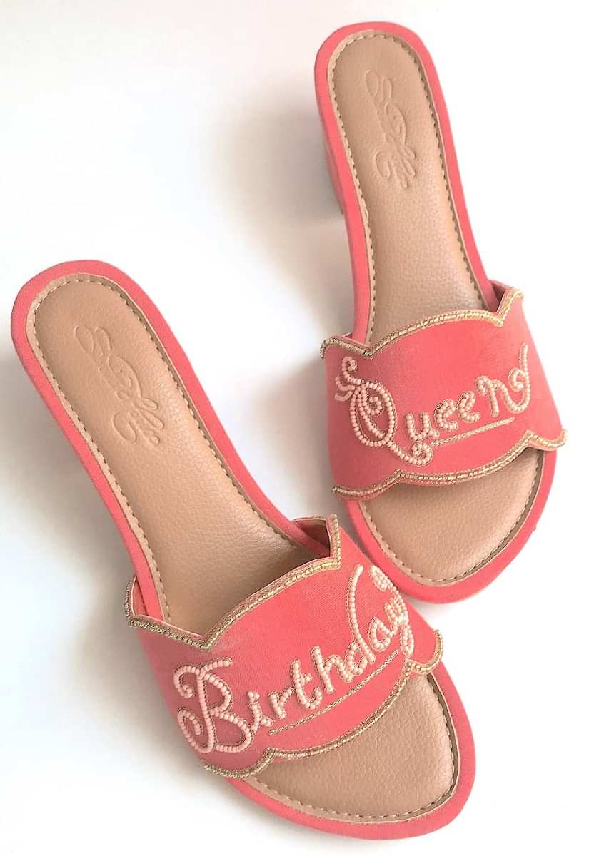 Pink Slider Heels With Fuchsia Pink Colored Birthday Queen Text And Scalloped Edge Online By Sole House