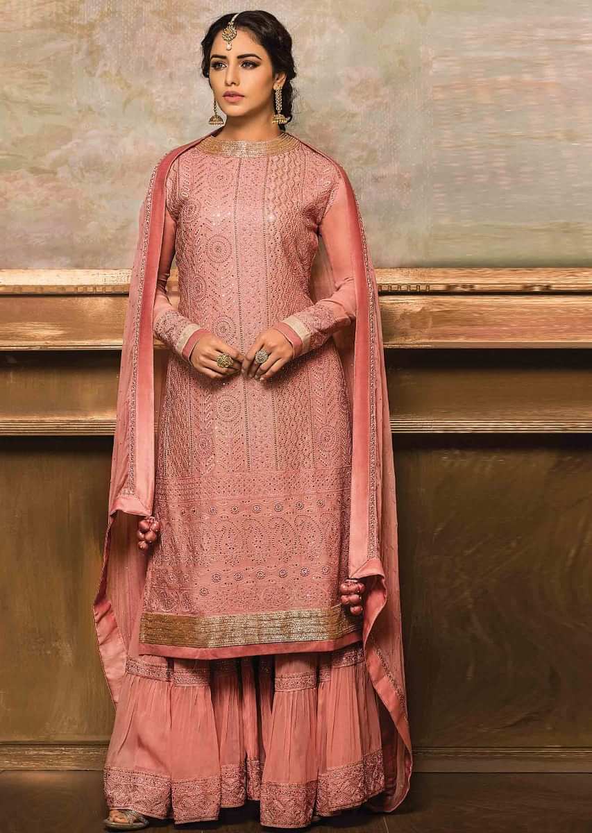 Pink straight palazzo suit in georgette with thread and kundan embroidery