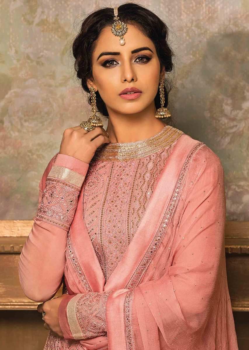 Pink straight palazzo suit in georgette with thread and kundan embroidery