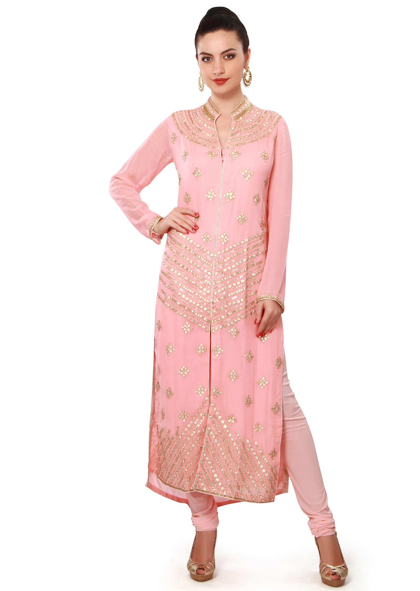Pink straight suit enhanced in gotta patch work embroidery only on Kalki