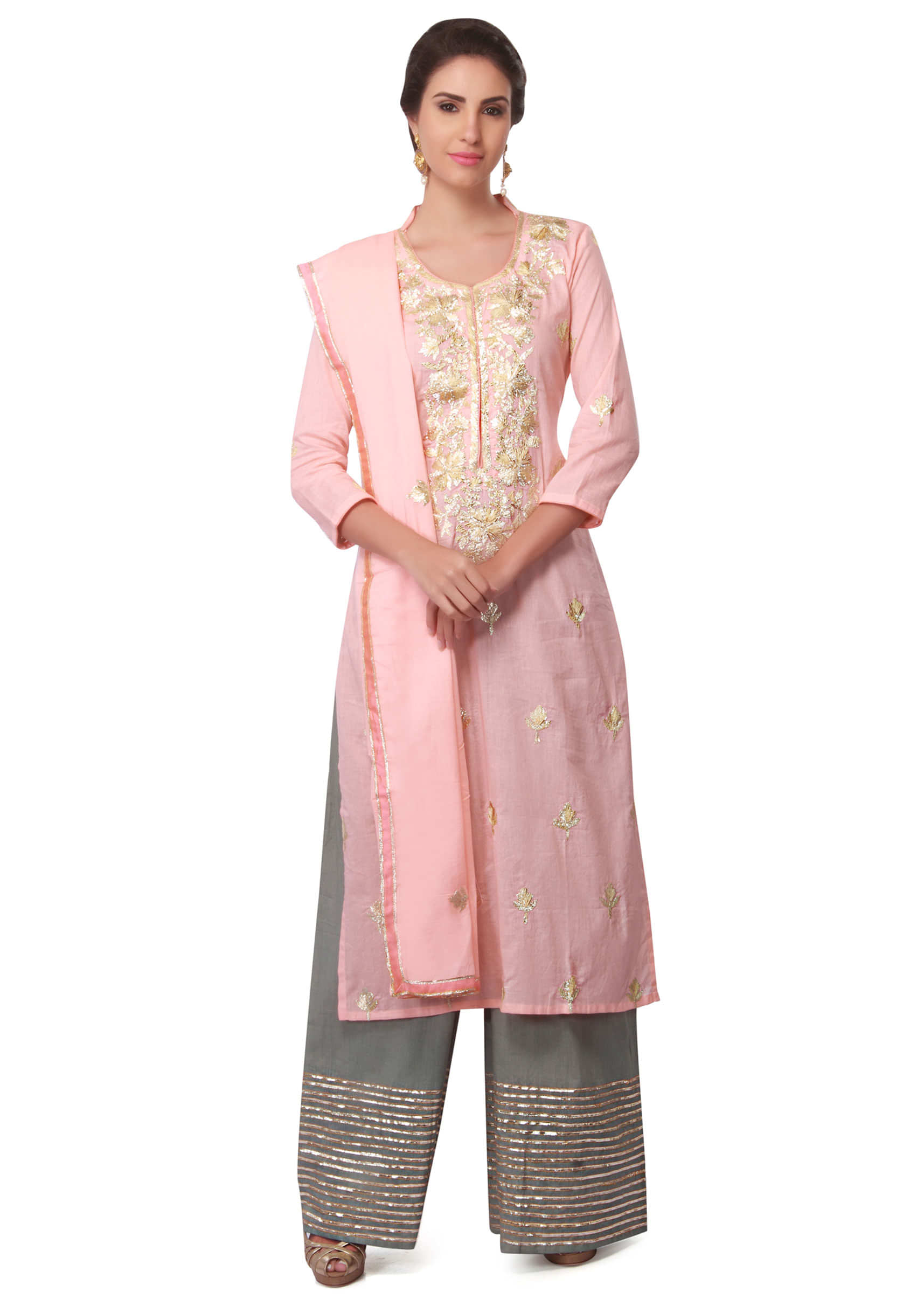 Pink straight suit in cotton silk with embroidered placket only on Kalki