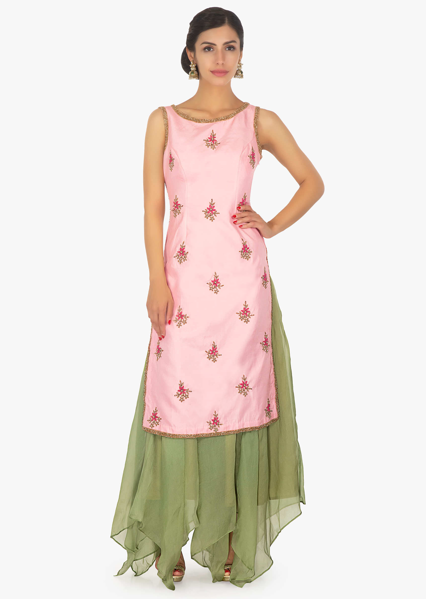 Pink straight suit with embroidered butti paired with olive green organza skirt 