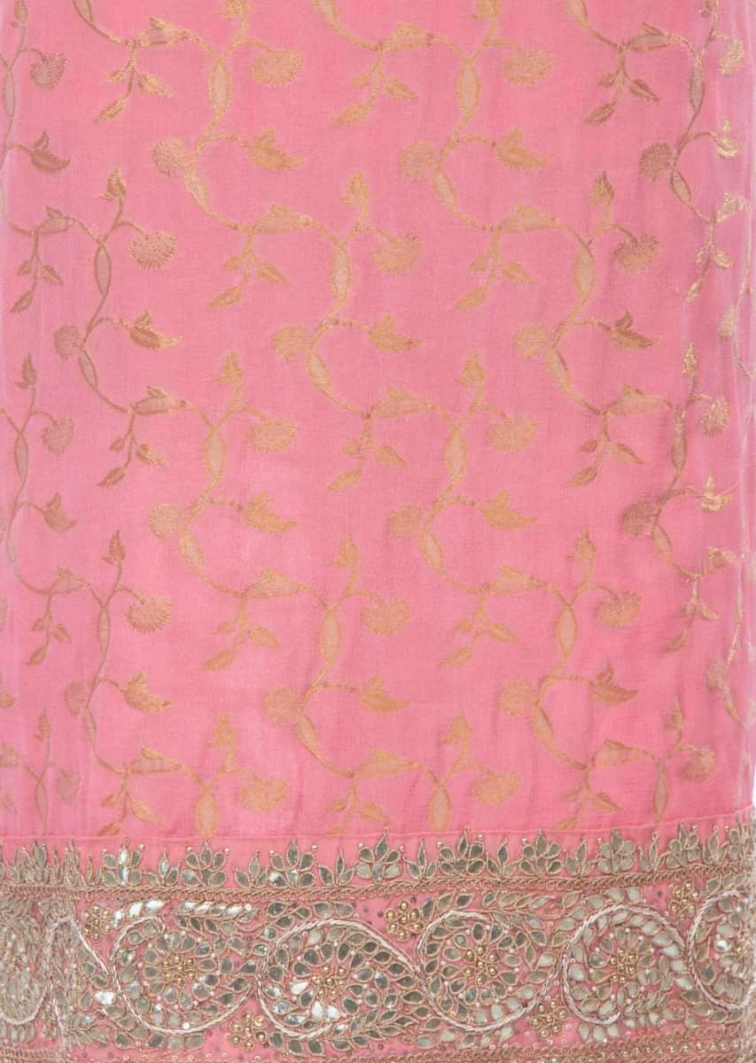 Pink unstitched suit set with weaved jaal work only on Kalki