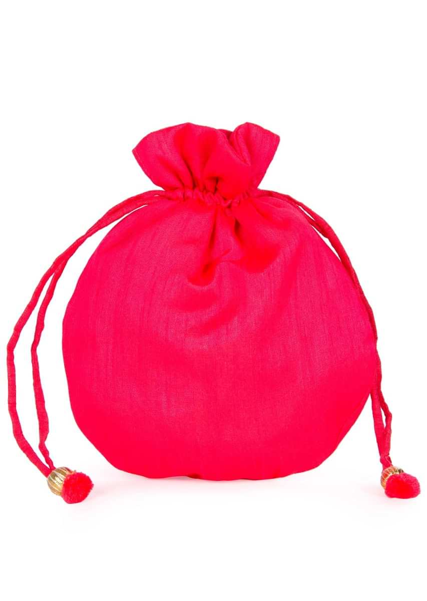 Pink velvet potli bag embellished in gotta patch and moti kalki