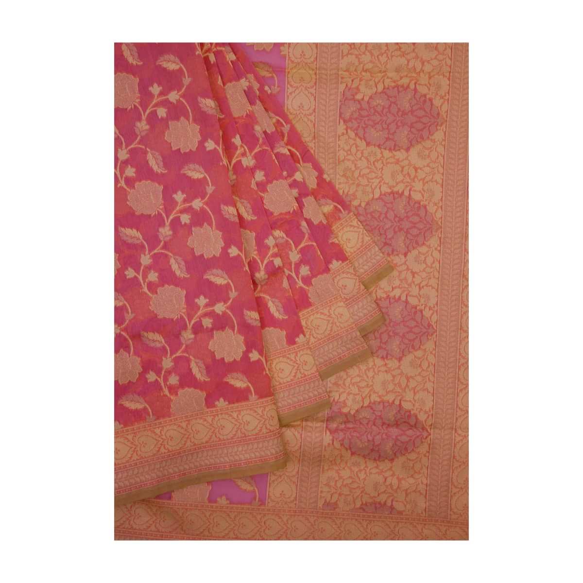 Pink weaved saree in rose motifs only on Kalki 