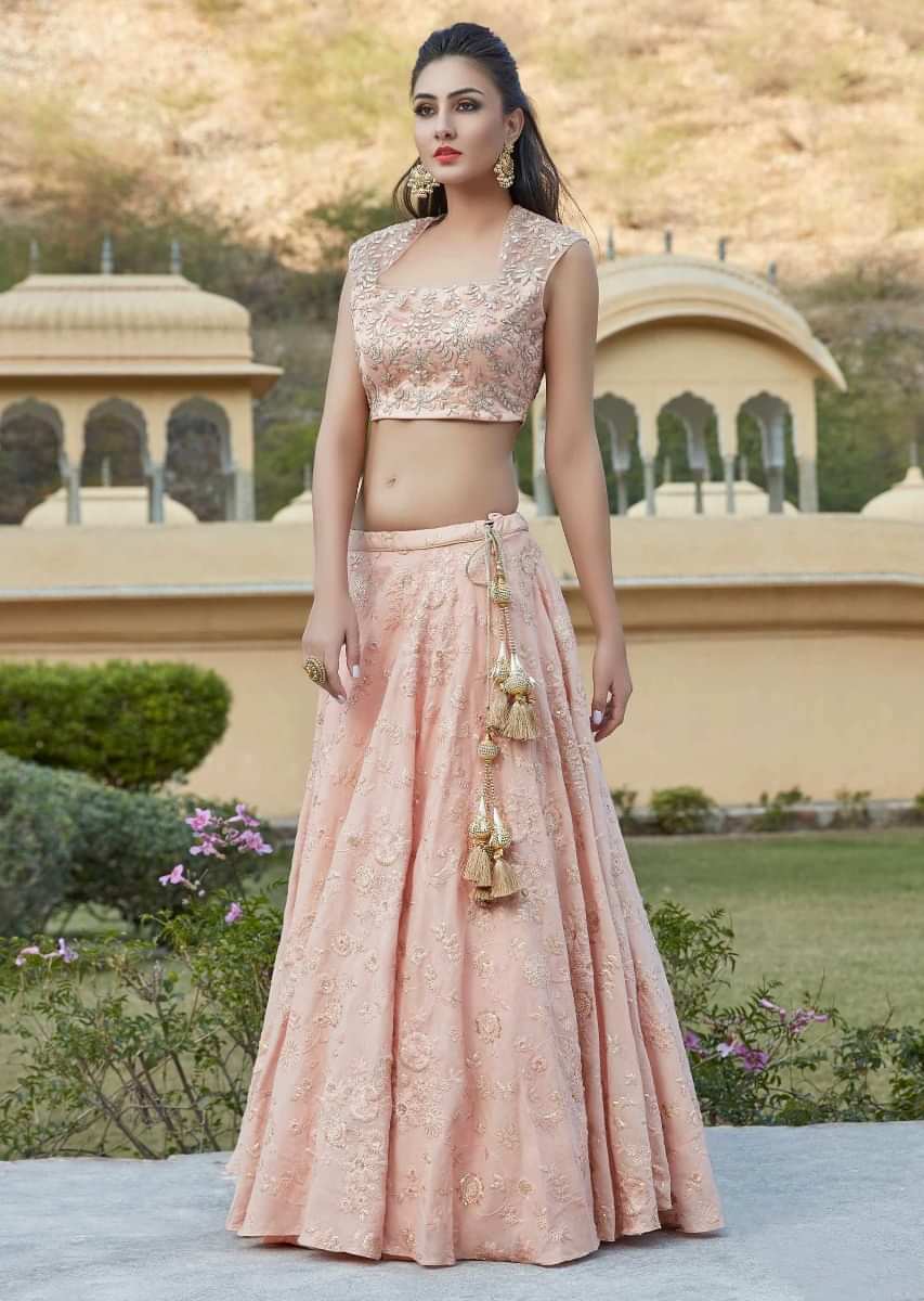 Pink lehenga in cotton with resham and gotta lace embroidery only on Kalki