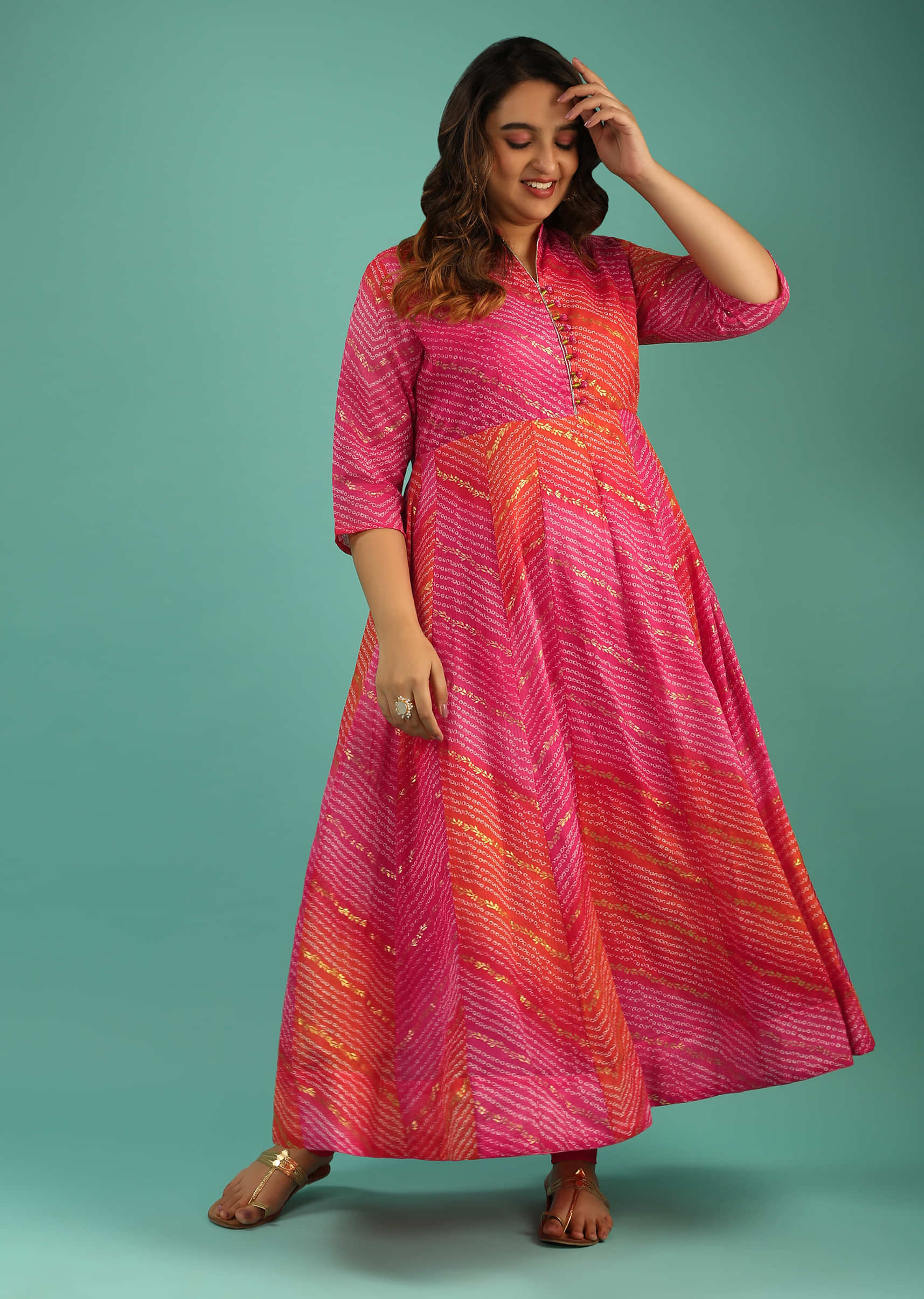 Pink And Orange Shaded Anarkali Dress With Bandhani And Foil Print In Chevron Pattern  