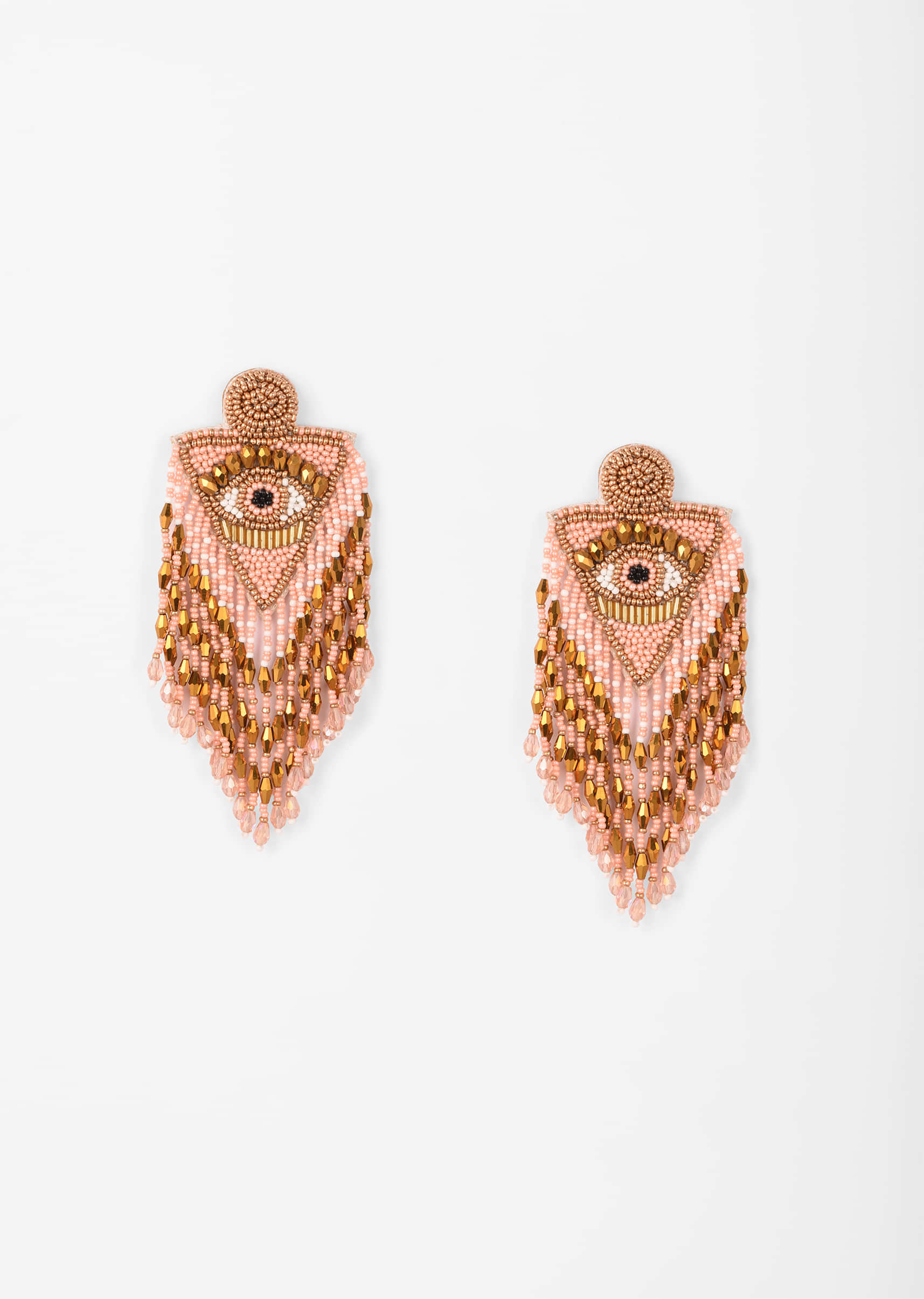 Pink And Gold Earrings With Beads Work In Evil Eye Motifs And Fringe Detail 