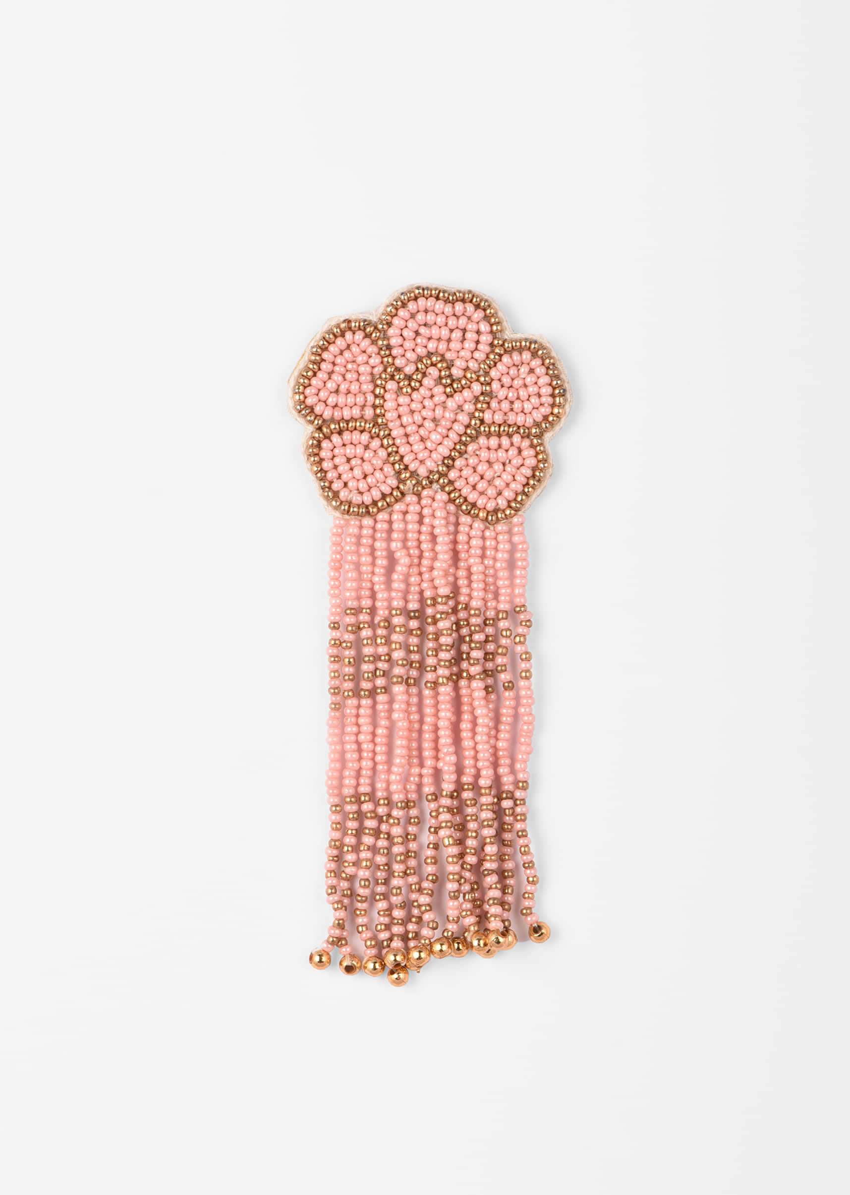 Pink And Gold Earrings With Beads Work In Floral Motifs And Fringe Detail 