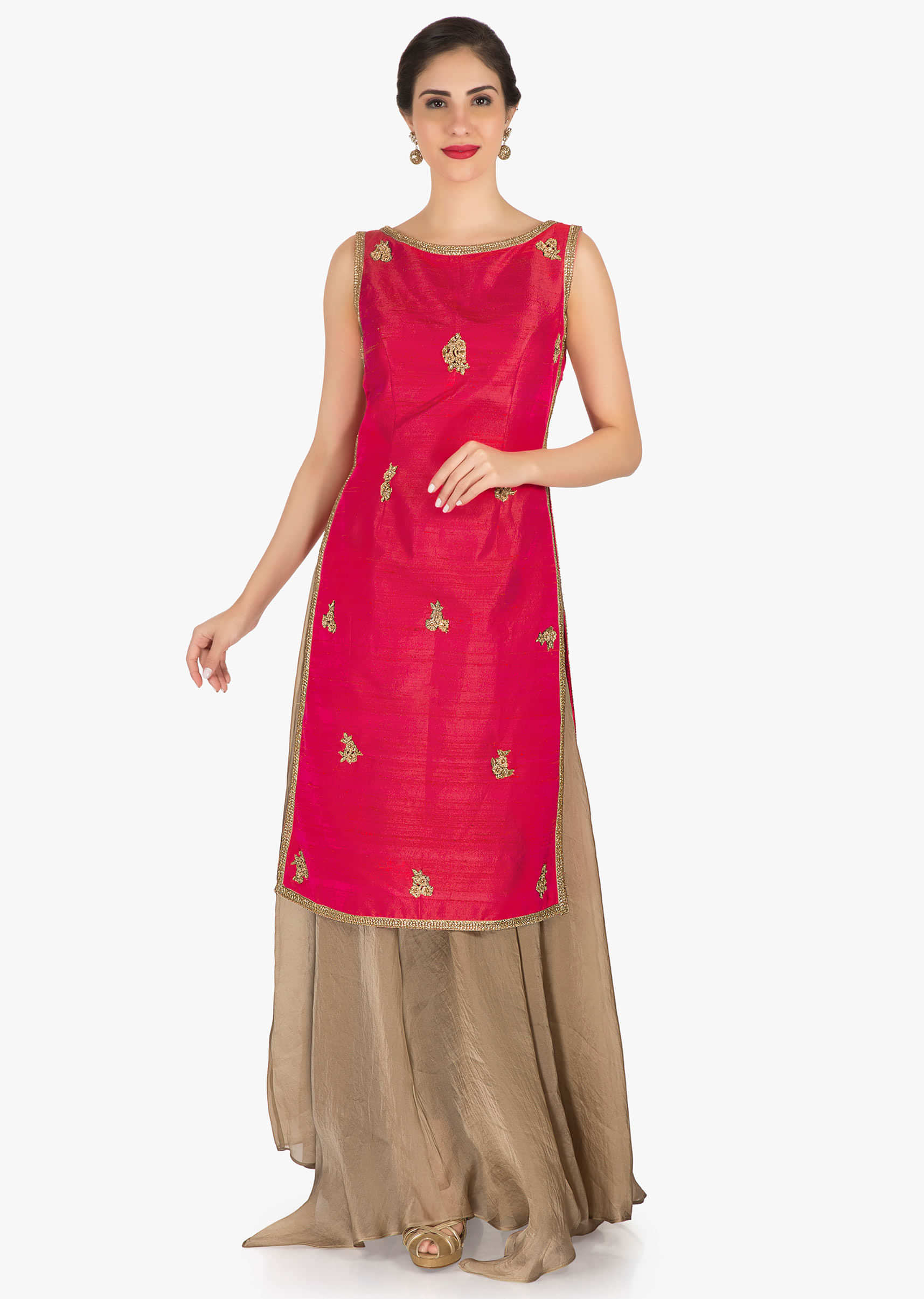 Pink and light brown top and palazzo adorn in embroiderd butti work  only on Kalki
