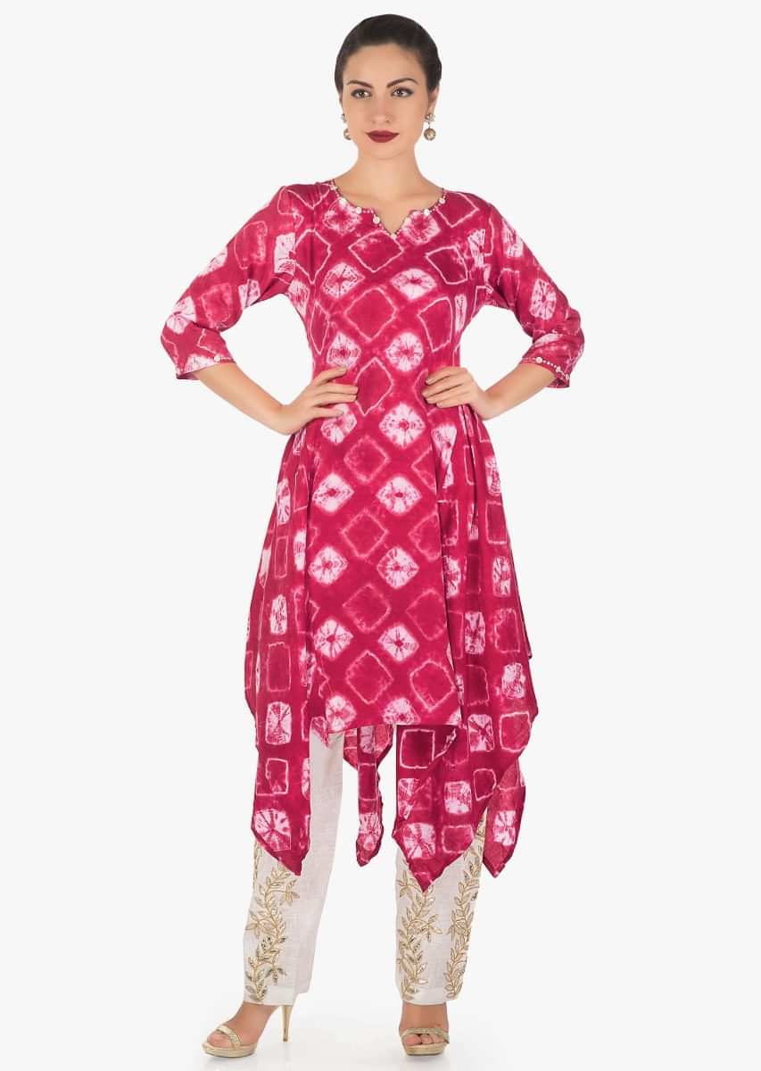 Pink And Off White Tunic In Batik Print Matched With Off White Gotta Patch Work Pants Online - Kalki Fashion