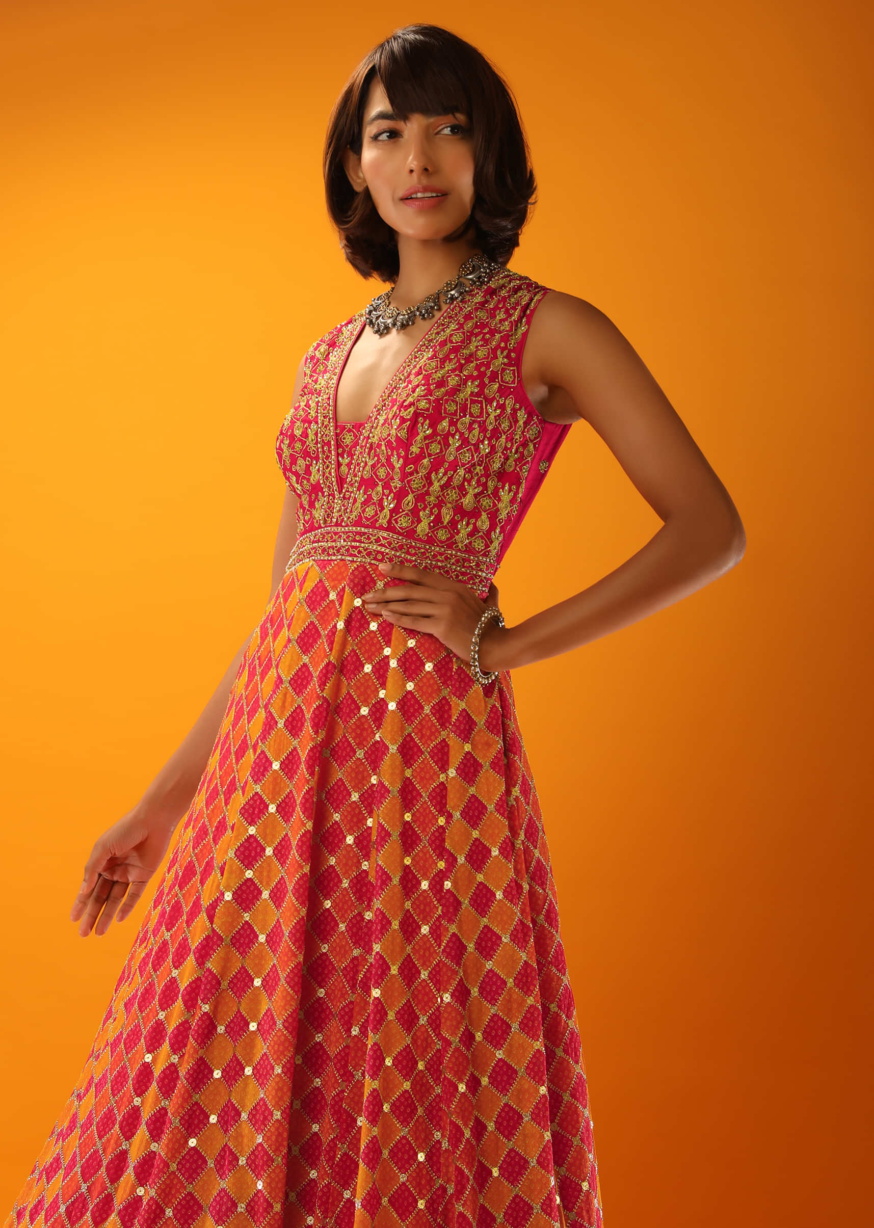 Pink And Orange Anarkali Dress With Bandhani And Checks Print Along With Zari Embroidery  