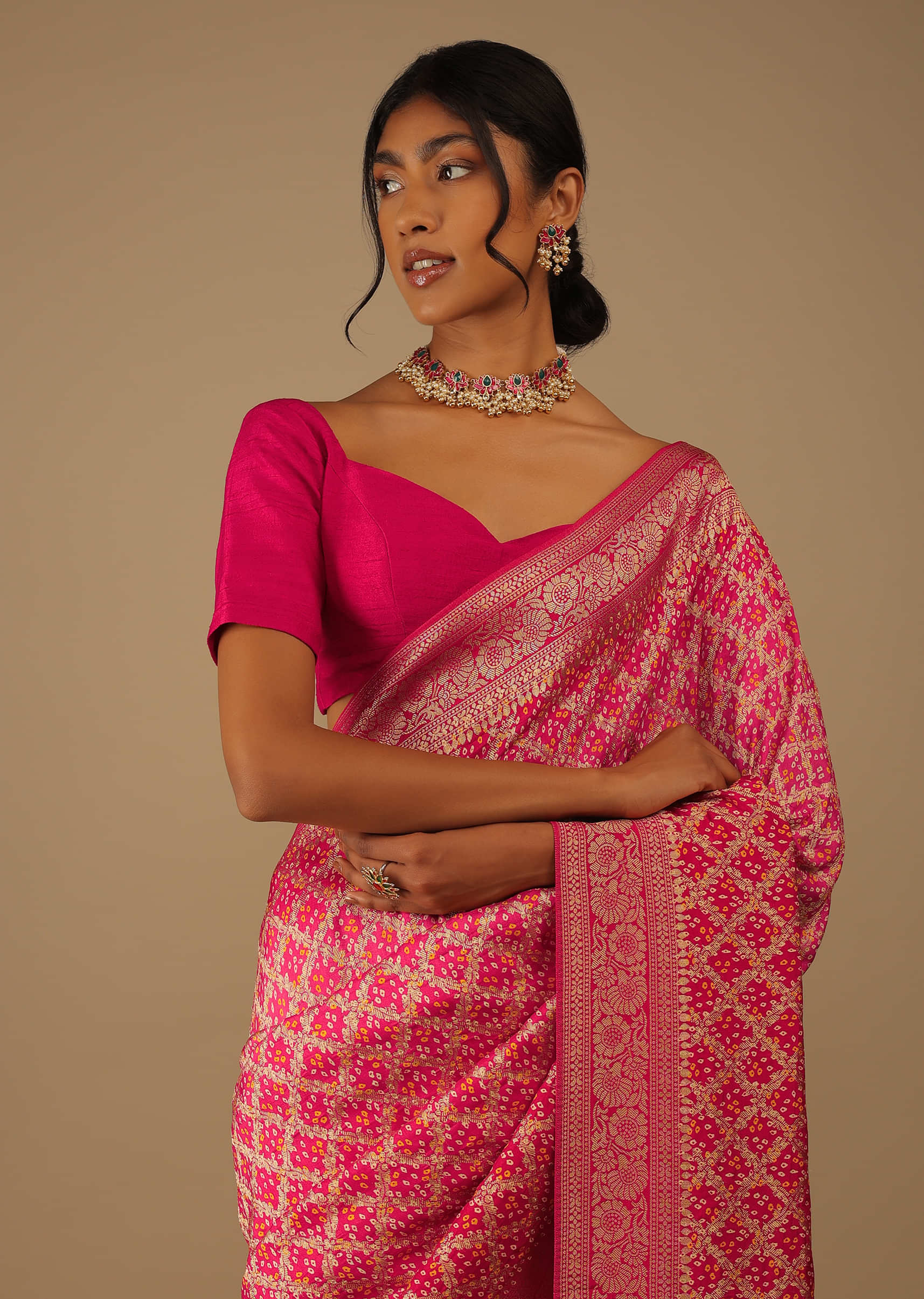Pink And Red Saree In Digital Bandhani Print,Crafted In Brocade Silk With Zari Embroidery
