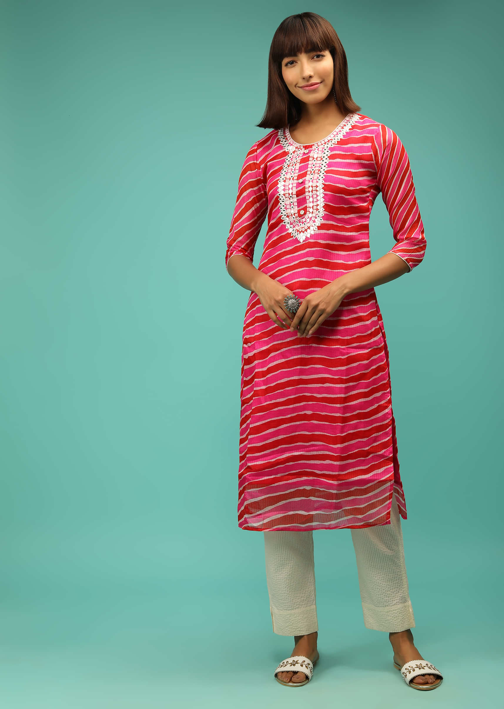 Pink And Red Straight Cut Kurti With Lehariya Print And Abla Embroidery 