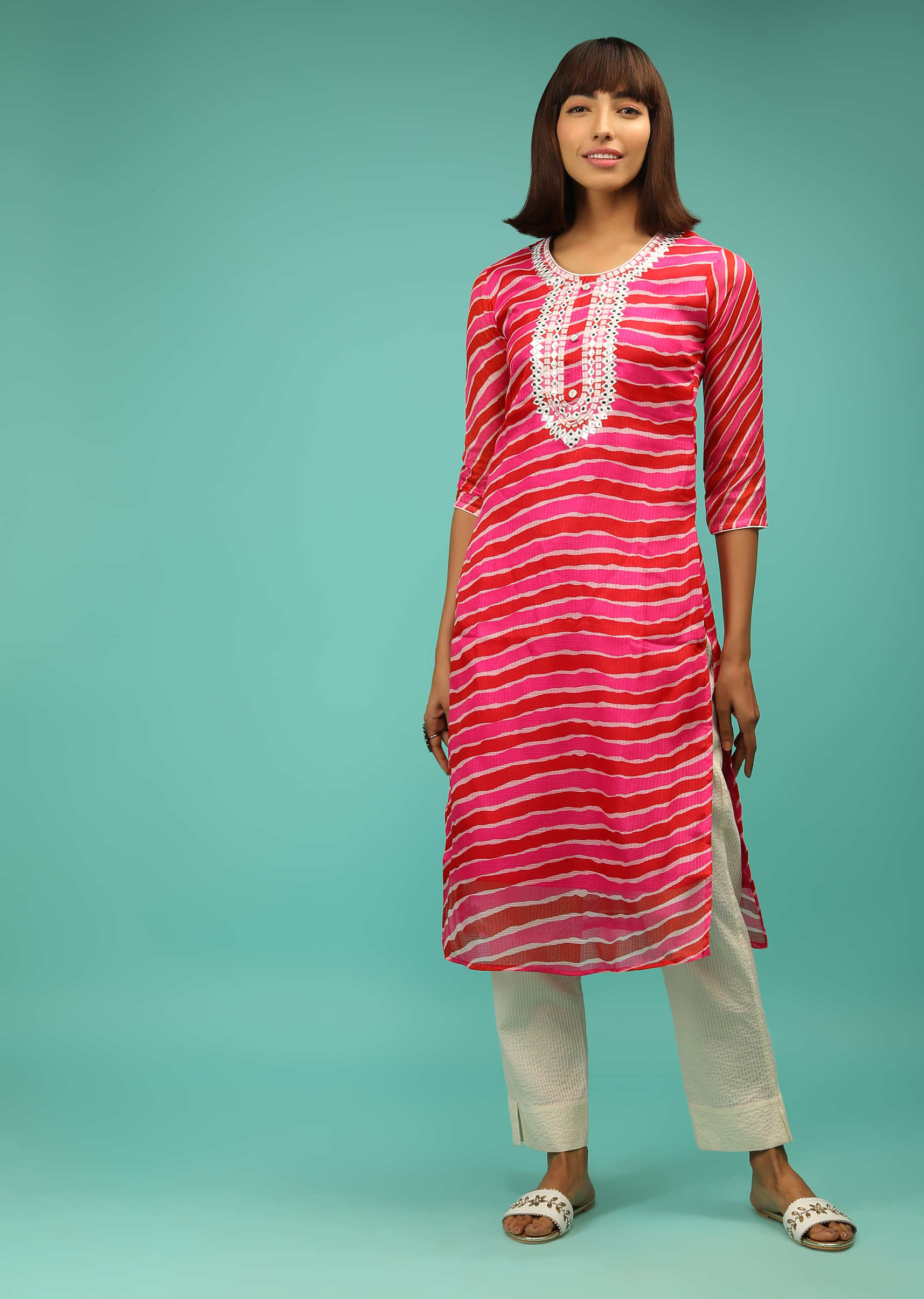 Pink And Red Straight Cut Kurti With Lehariya Print And Abla Embroidery 