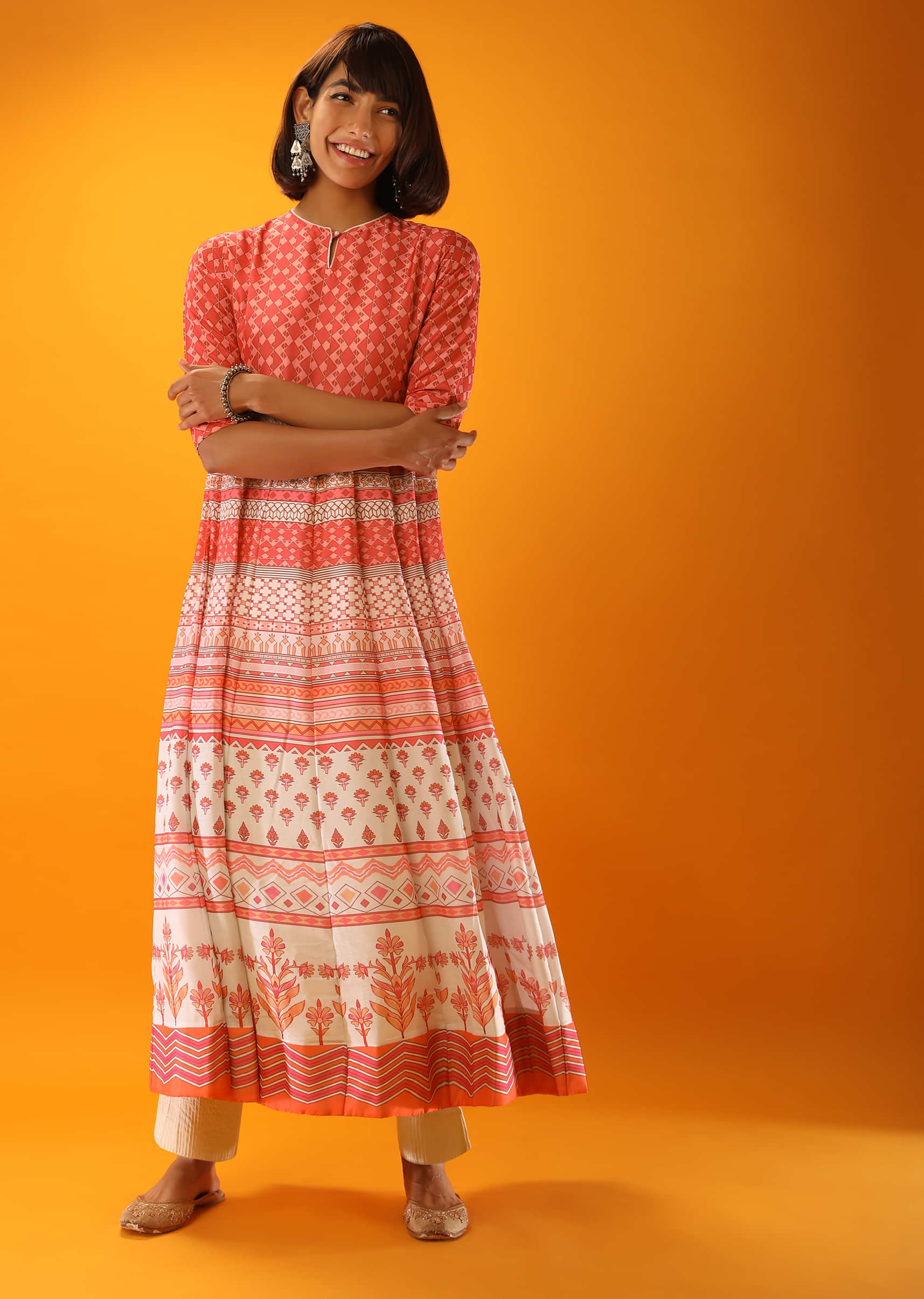 Pink And White Anarkali Dress In Cotton With Geometric And Tribal Print 