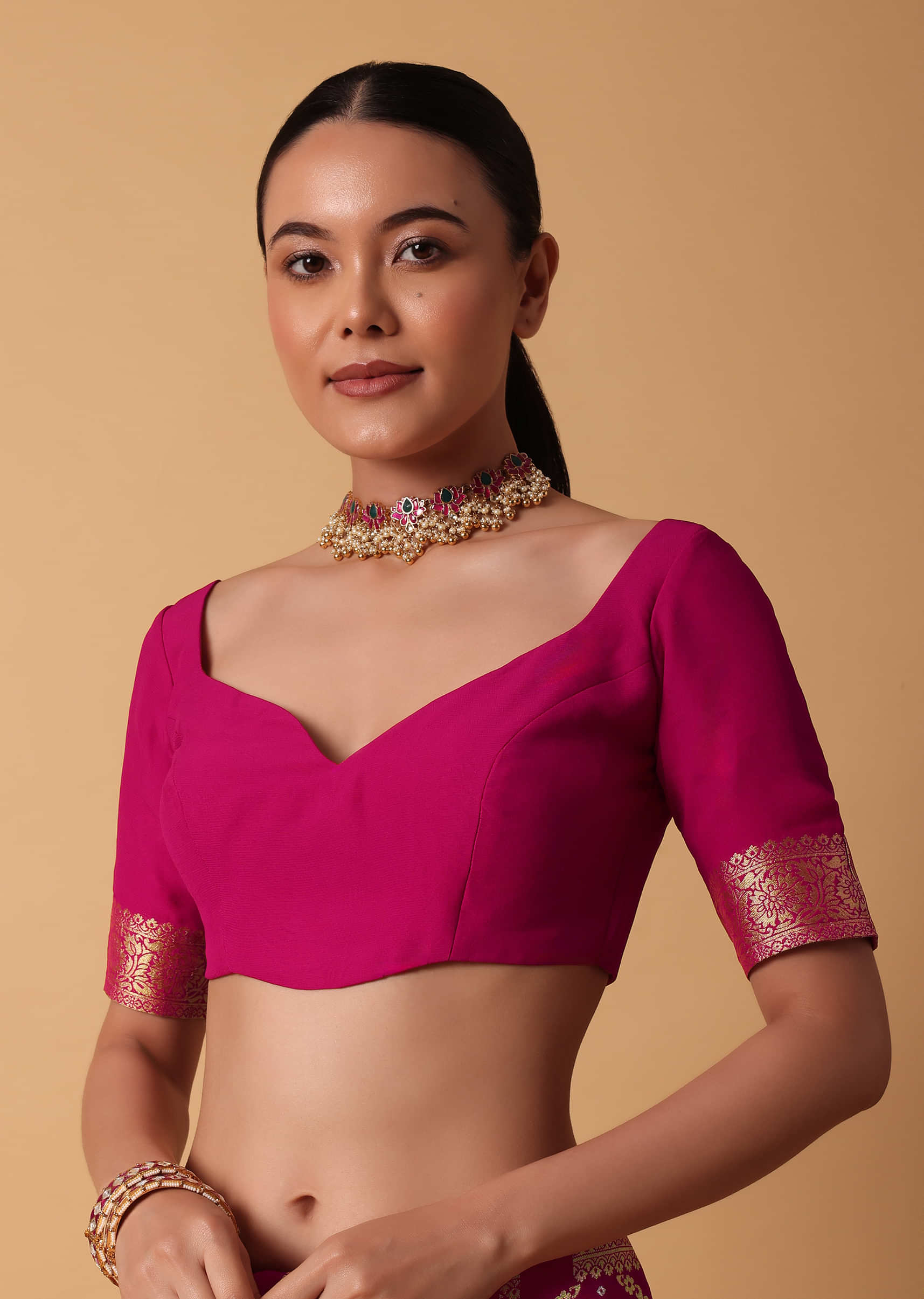 Nude Pink Banaras Georgette saree with bralette blouse