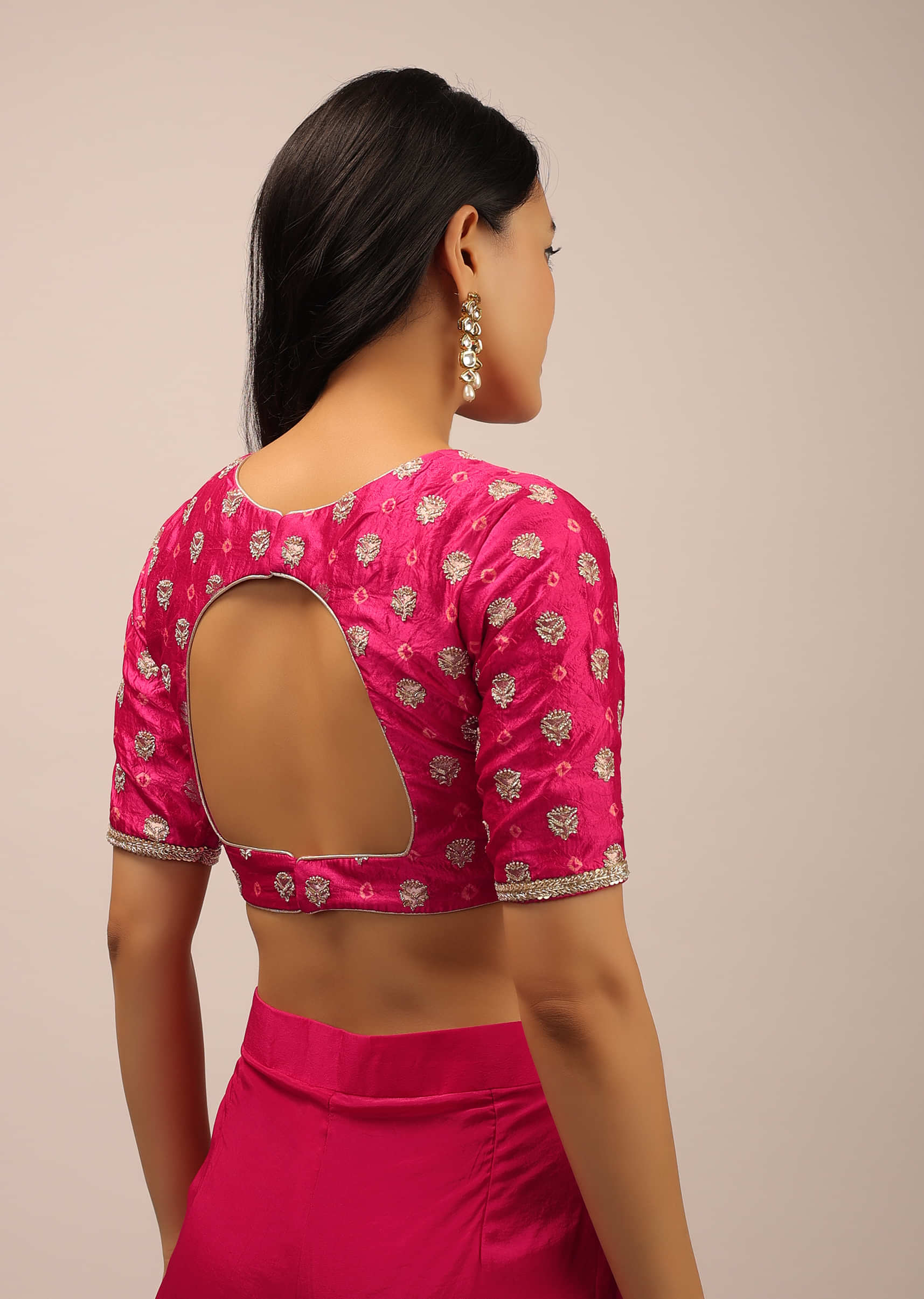 Pink Blouse In Brocade Silk With Bandhani Print And Half Sleeves
