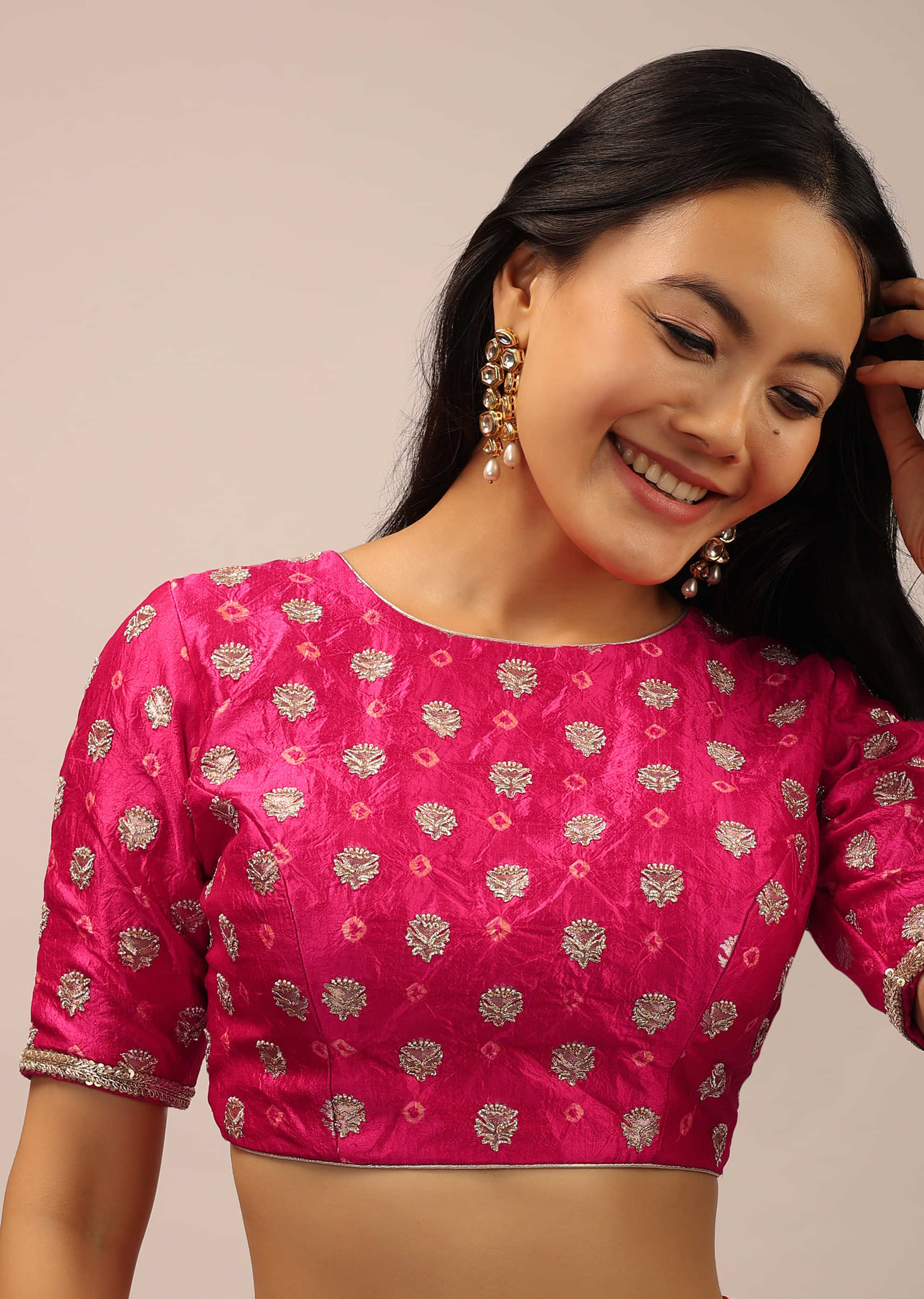Pink Blouse In Brocade Silk With Bandhani Print And Half Sleeves