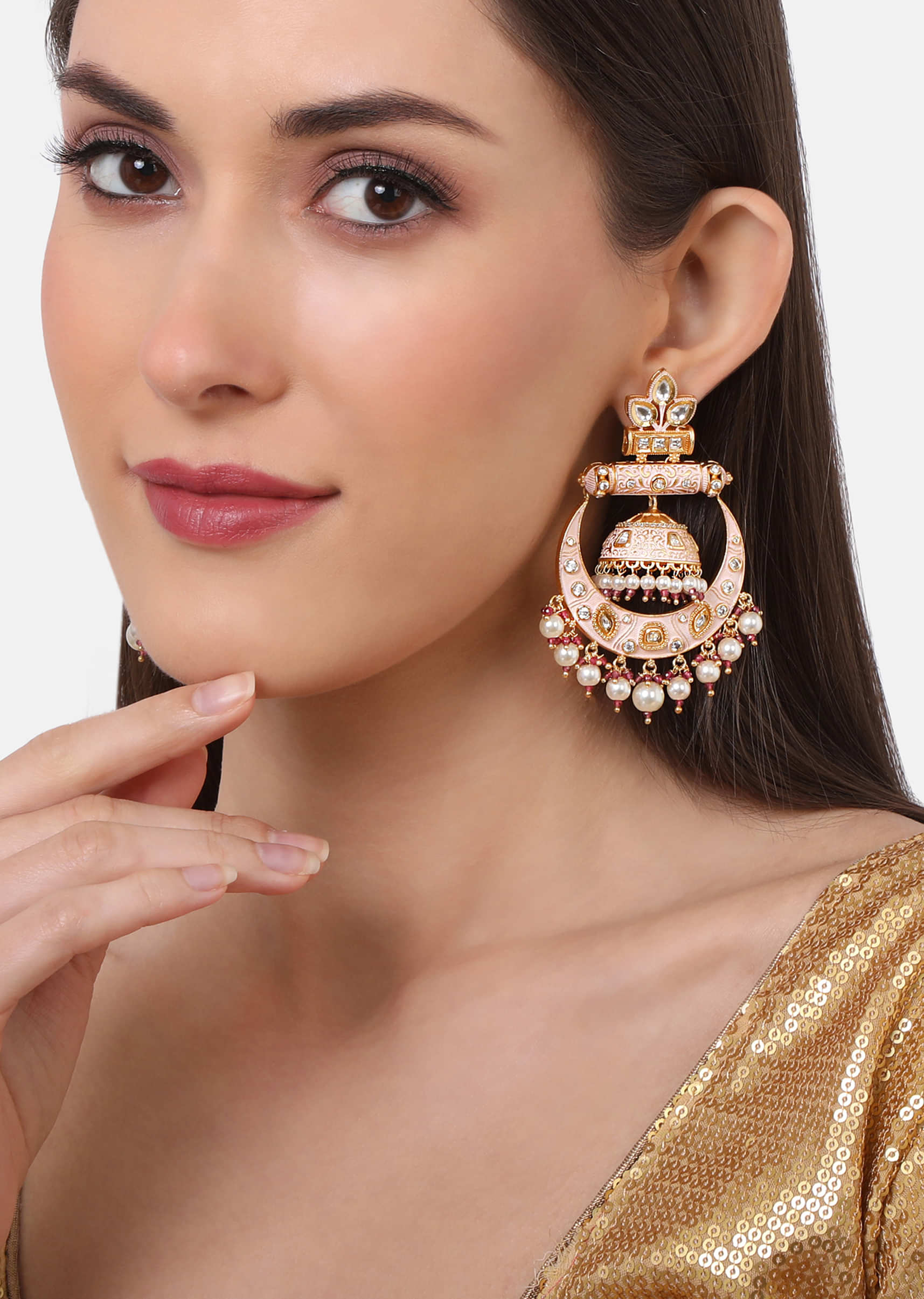 Pink Chandbali Jhumkas With Minakari Detailing, Kundan, Pearls And Stones By Tizora