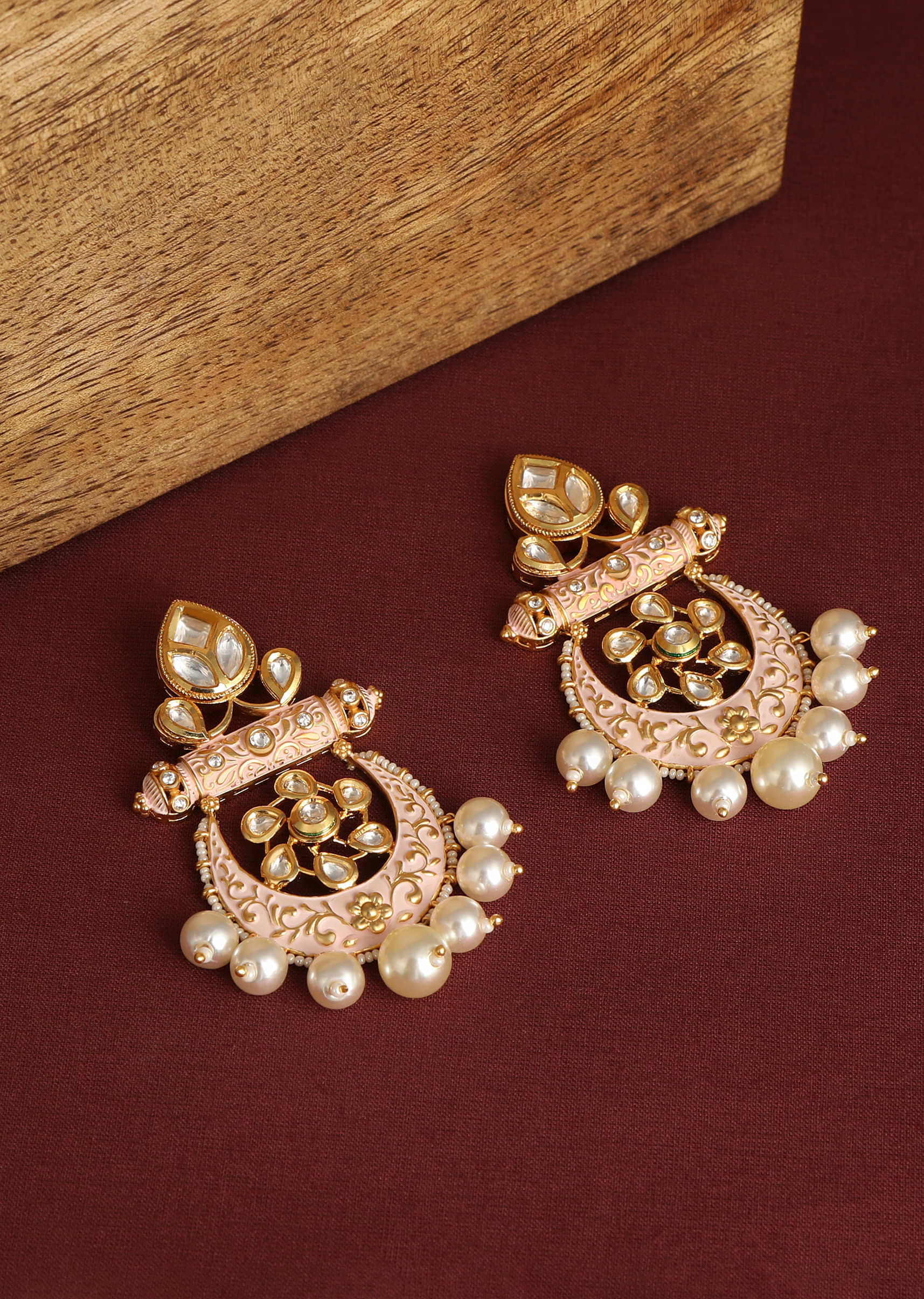 Pink Chandbalis With Minakari Design, Kundan And Faux Pearls By Tizora