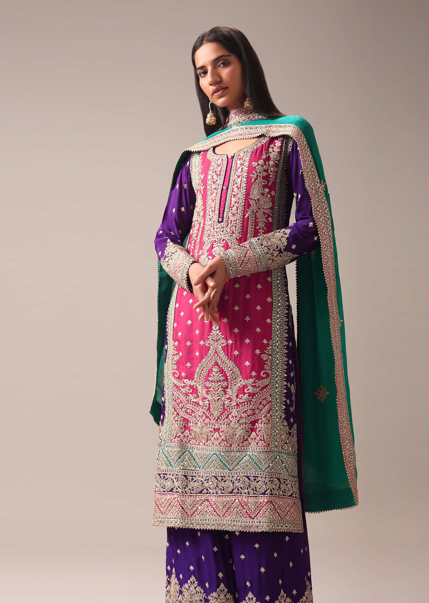 Buy Onion Pink Suit With A Mirror Embroidered Front Slit Kurti And Straight  Cut Pants KALKI Fashion India
