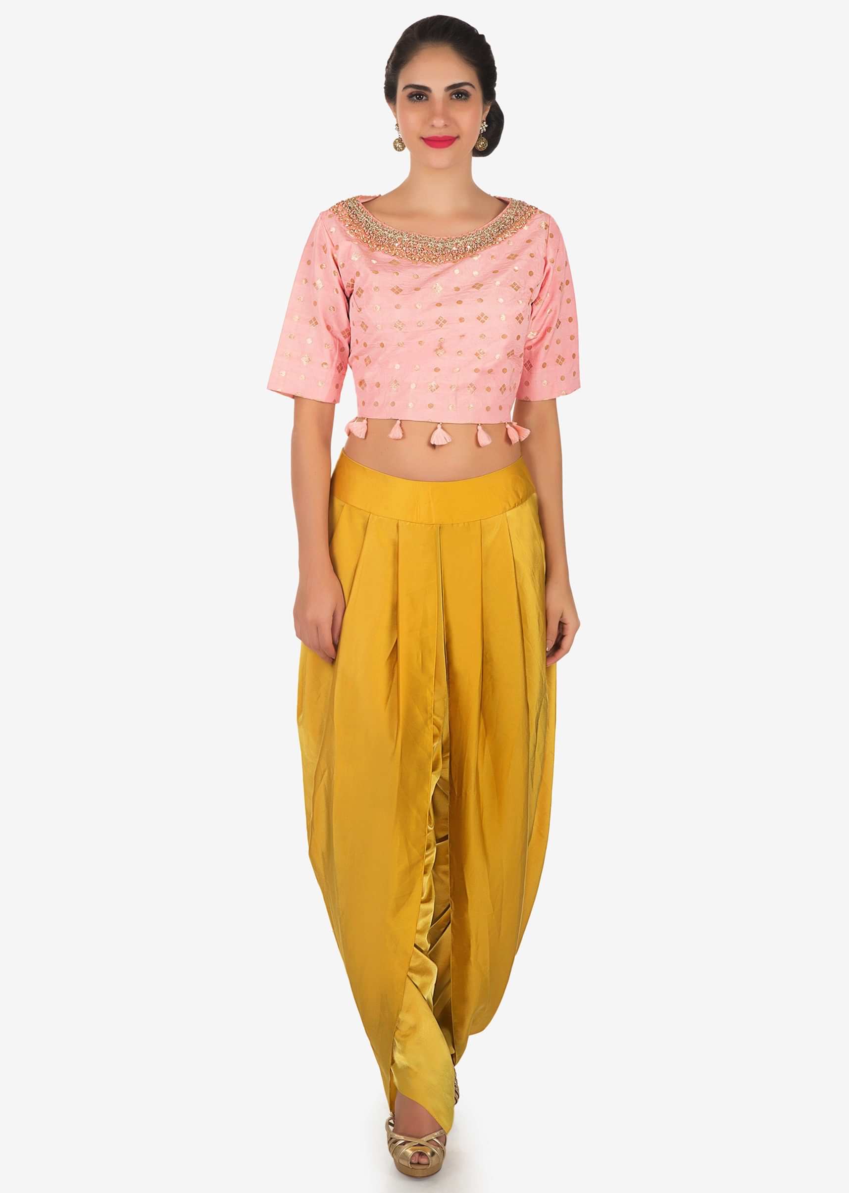 Pink crop top and yellow dhoti suit  in moti sequin work only on Kalki