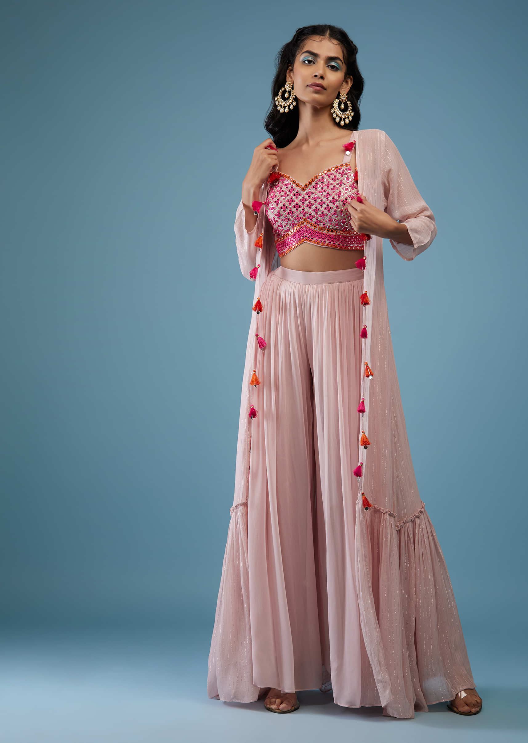 Pink Embroidered in Mirror Crop Top And Dust Pink Palazzo Set With Long Shrug In Georgette