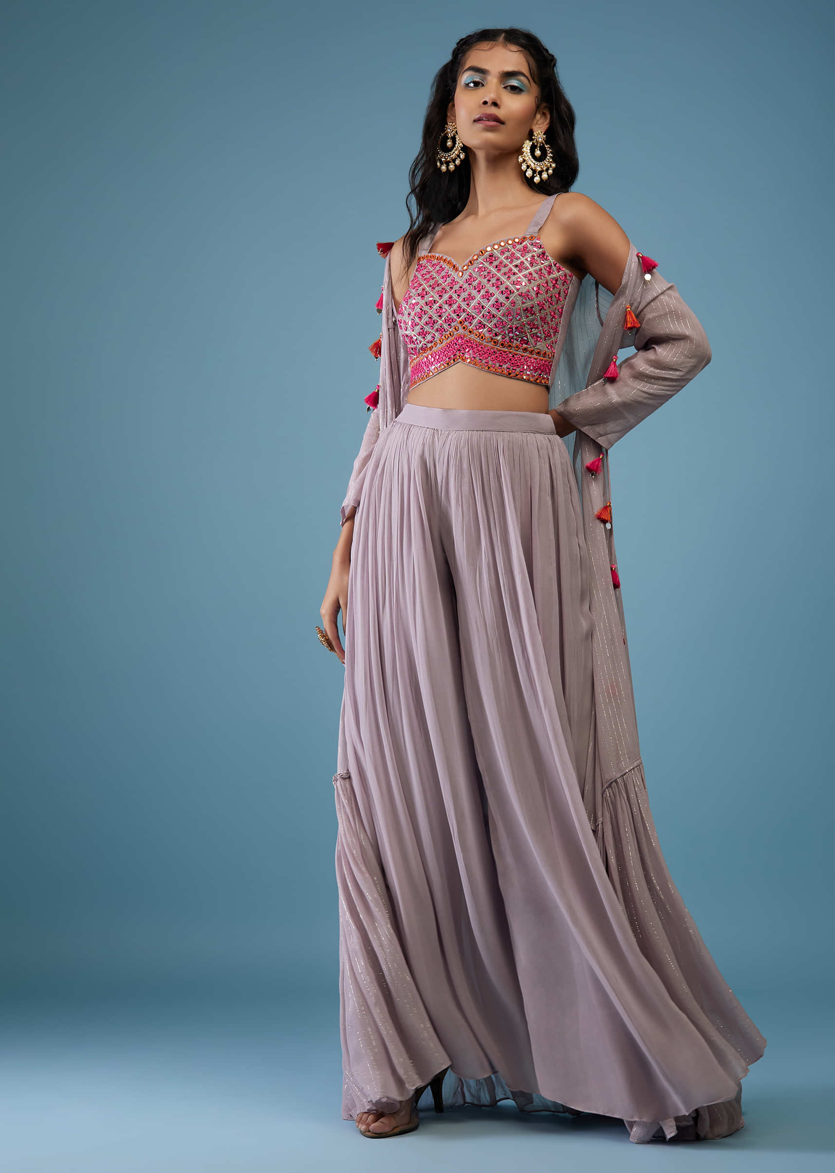 Pink Embroidered in Mirror Crop Top And Misty Lilac Palazzo Set With Long Shrug In Georgette